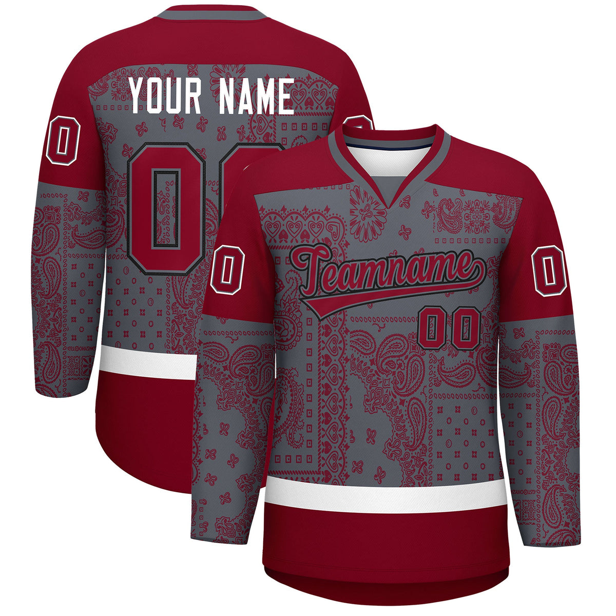 Custom Red Dark Gray White Cashew Flower Graffiti Pattern V-Neck Hockey Jersey| KXKSHOP