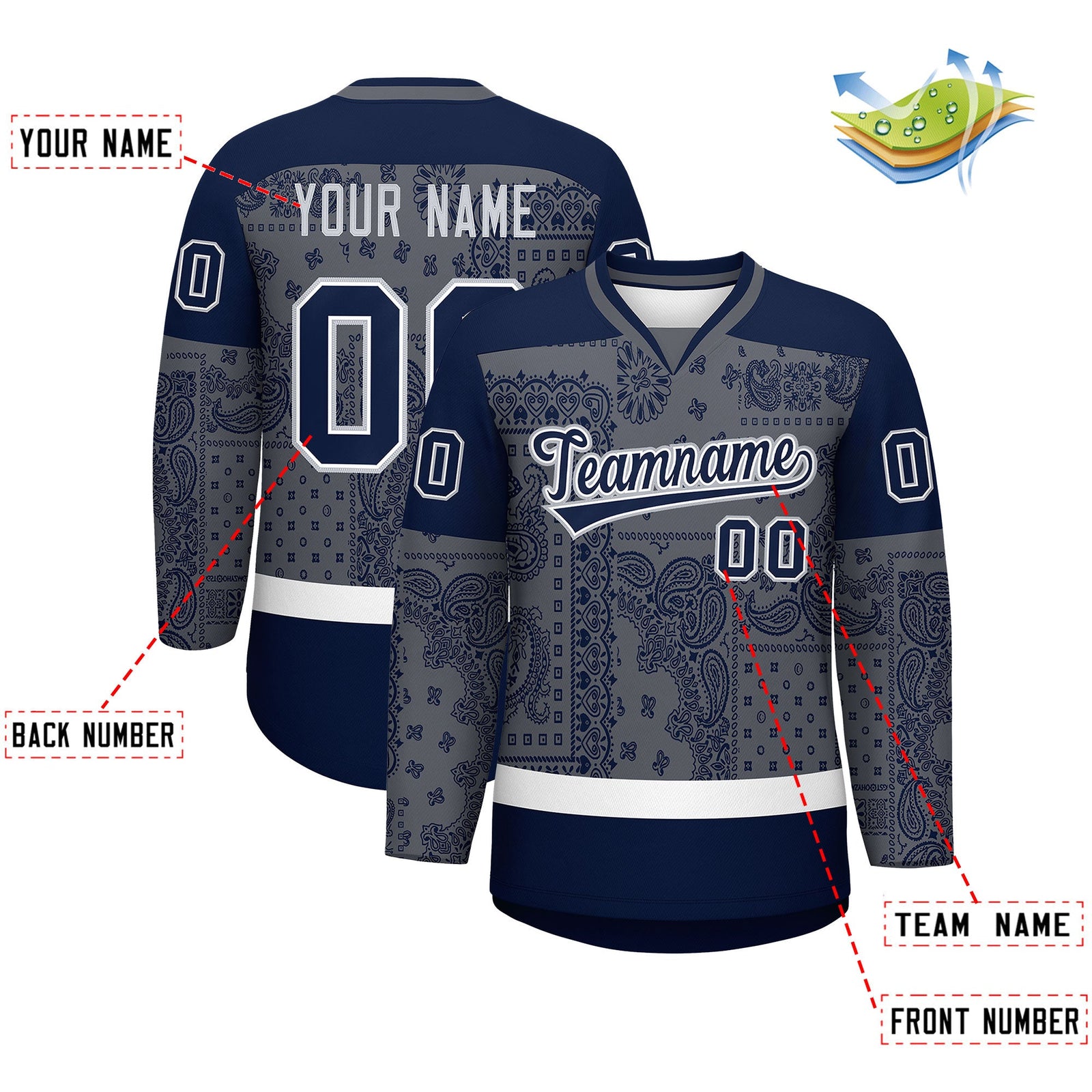 Custom Navy Dark Gray White Cashew Flower Graffiti Pattern V-Neck Hockey Jersey| KXKSHOP
