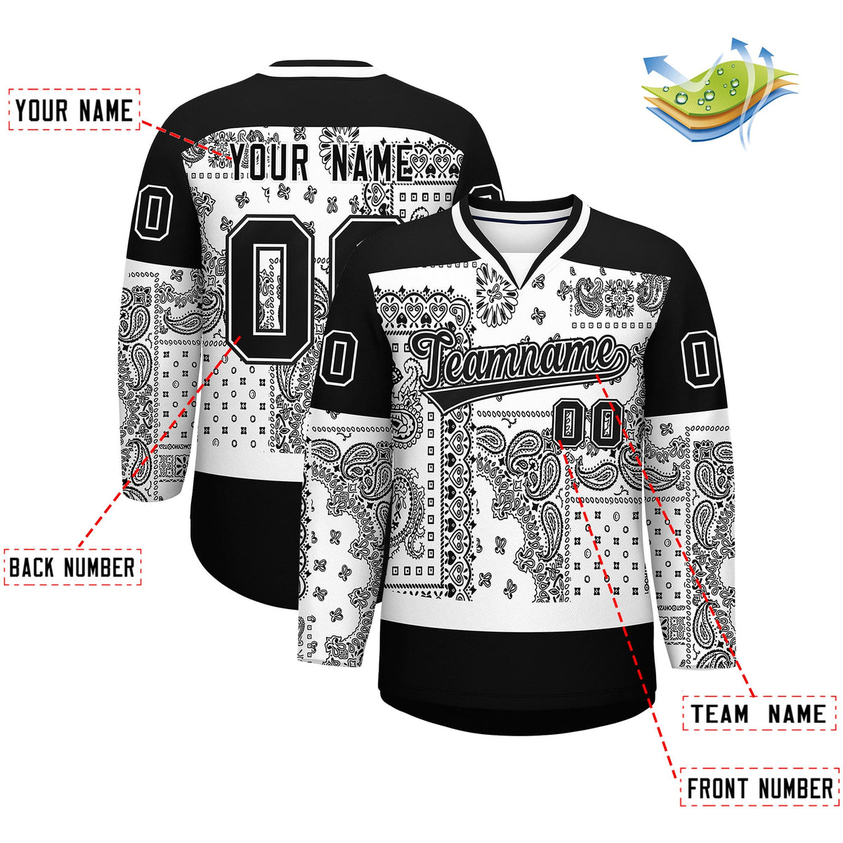 Custom Black White Cashew Flower Graffiti Pattern V-Neck Hockey Jersey| KXKSHOP