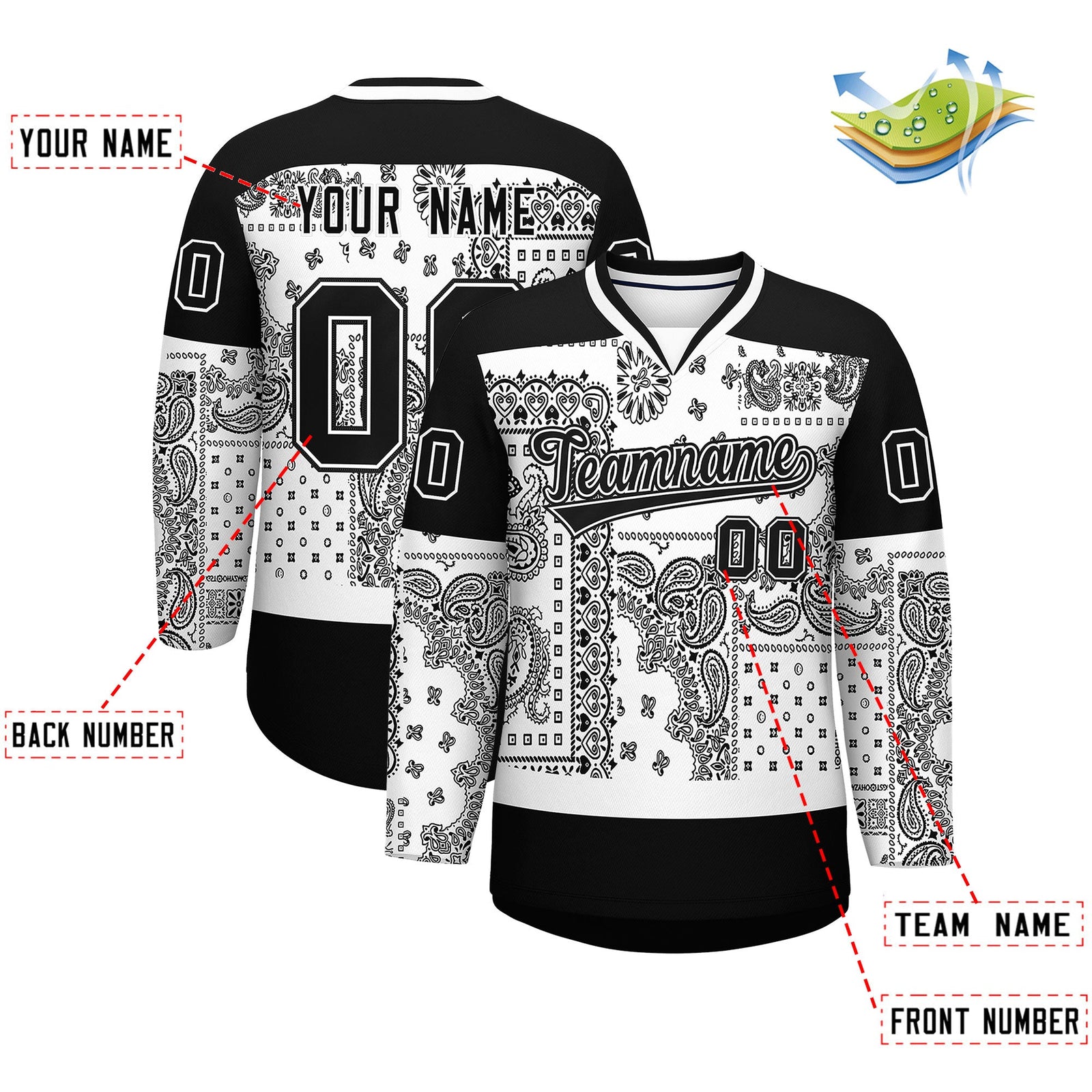 Custom Black White Cashew Flower Graffiti Pattern V-Neck Hockey Jersey| KXKSHOP