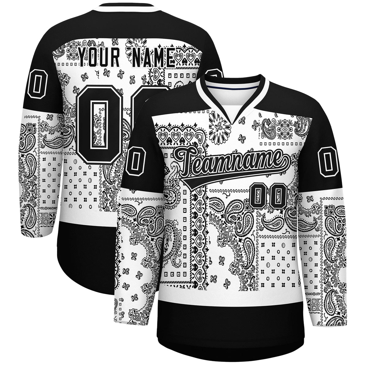 Custom Black White Cashew Flower Graffiti Pattern V-Neck Hockey Jersey| KXKSHOP