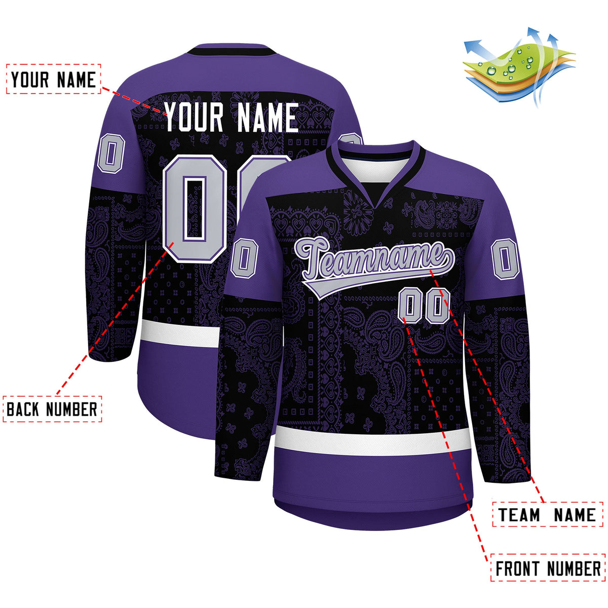 Custom Purple Black White Cashew Flower Graffiti Pattern V-Neck Hockey Jersey| KXKSHOP