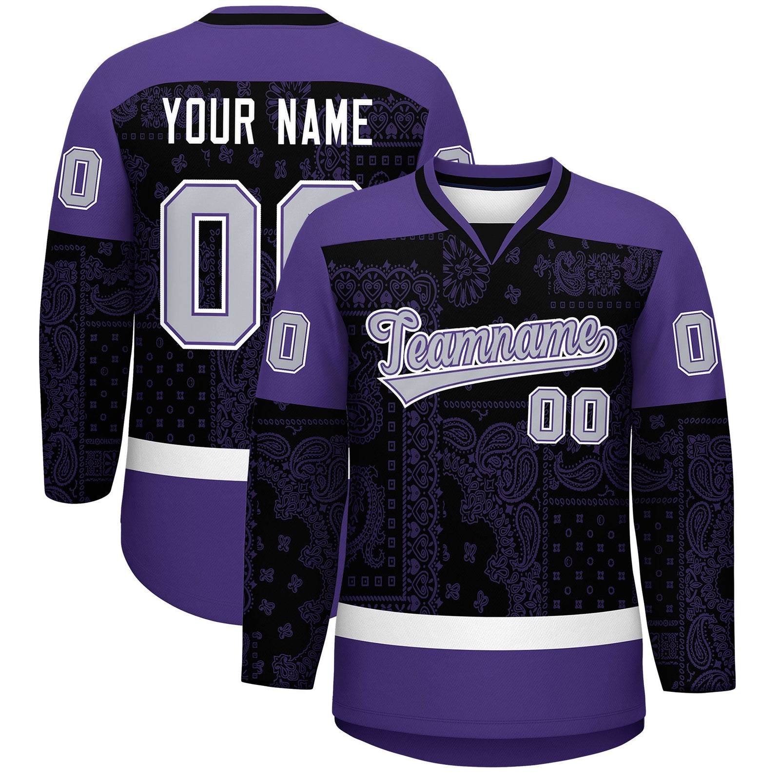 Custom Purple Black White Cashew Flower Graffiti Pattern V-Neck Hockey Jersey| KXKSHOP