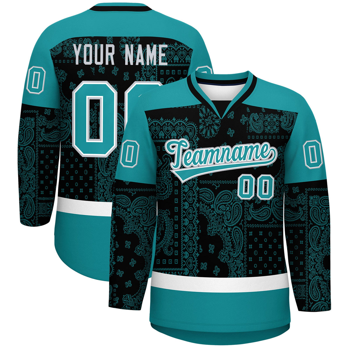 Custom Aqua Black White Cashew Flower Graffiti Pattern V-Neck Hockey Jersey| KXKSHOP