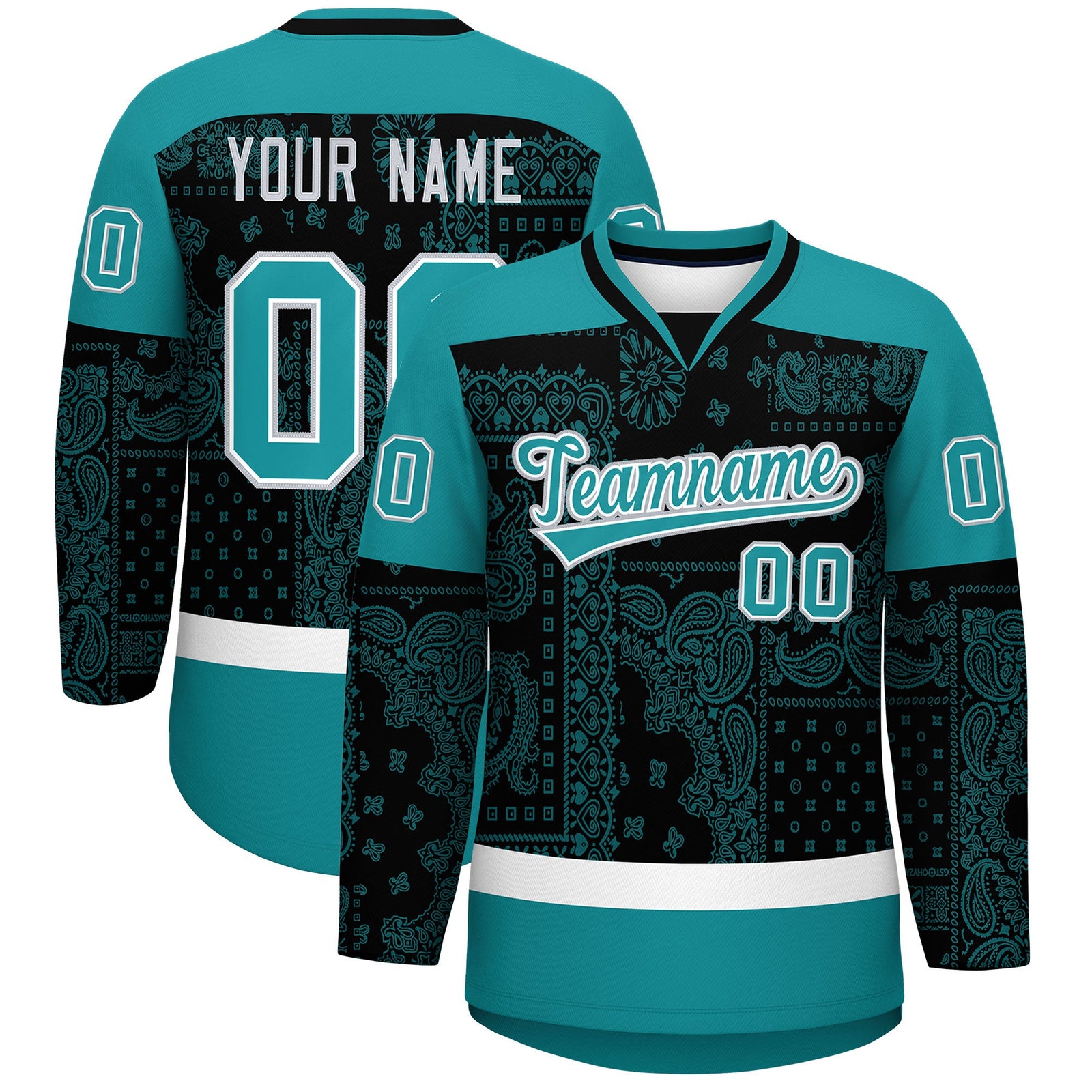 Custom Aqua Black White Cashew Flower Graffiti Pattern V-Neck Hockey Jersey| KXKSHOP