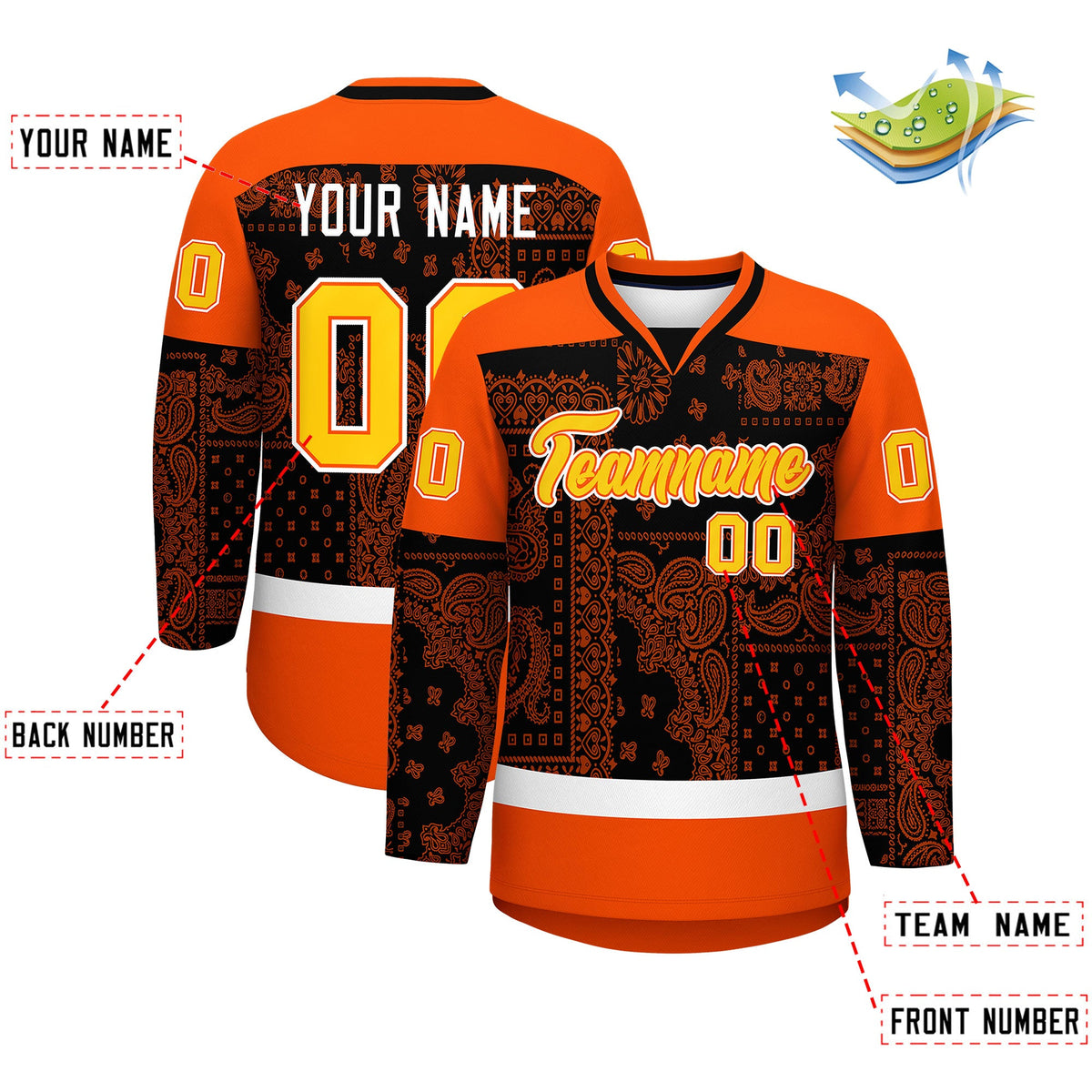 Custom Orange White Black Cashew Flower Graffiti Pattern V-Neck Hockey Jersey| KXKSHOP