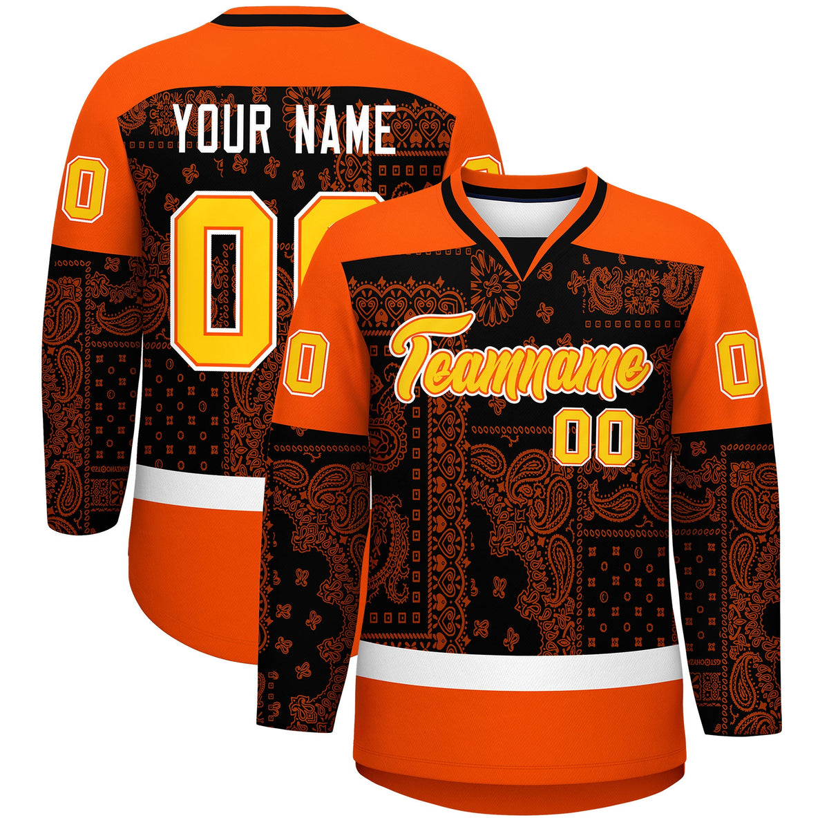 Custom Orange White Black Cashew Flower Graffiti Pattern V-Neck Hockey Jersey| KXKSHOP