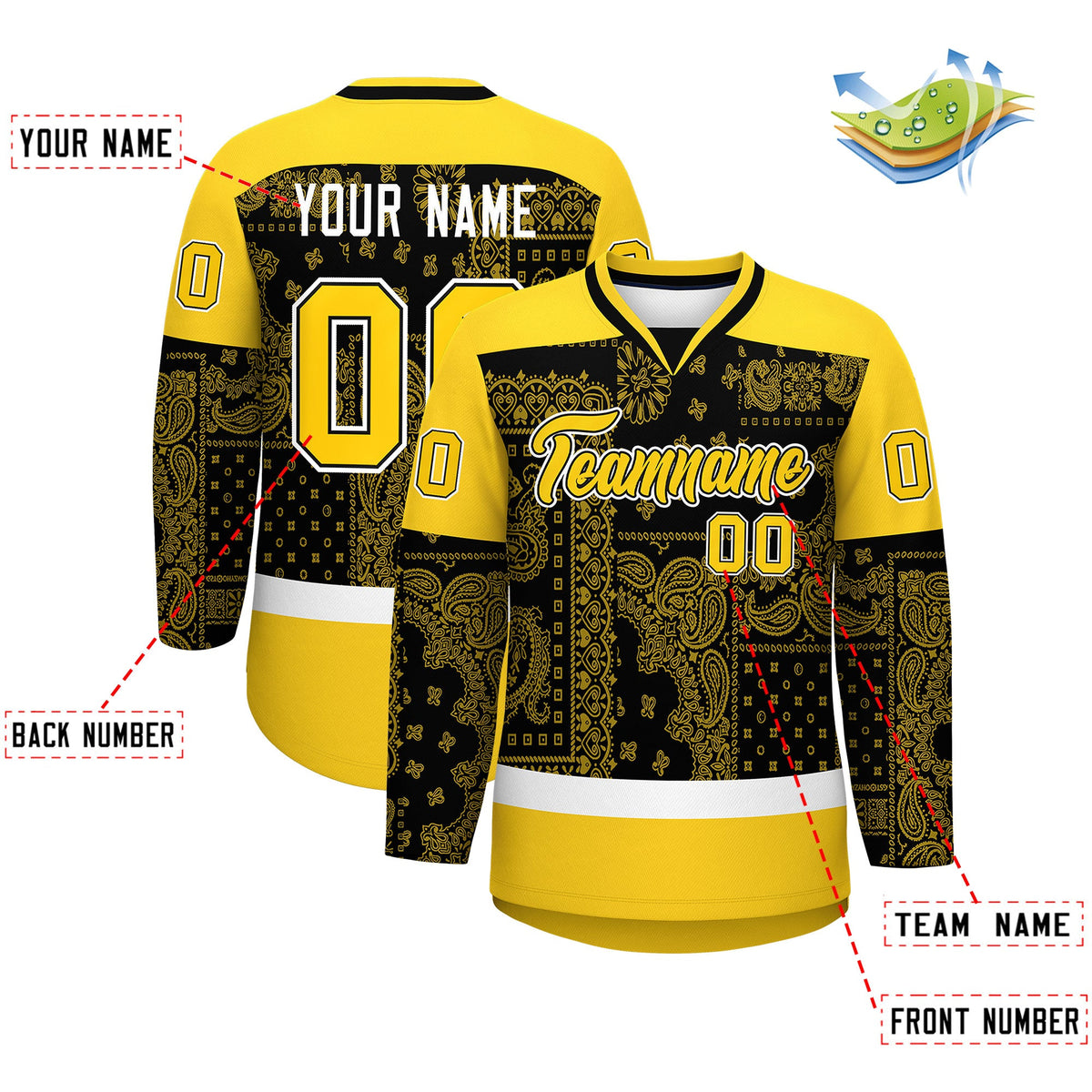 Custom Gold White Black Cashew Flower Graffiti Pattern V-Neck Hockey Jersey| KXKSHOP
