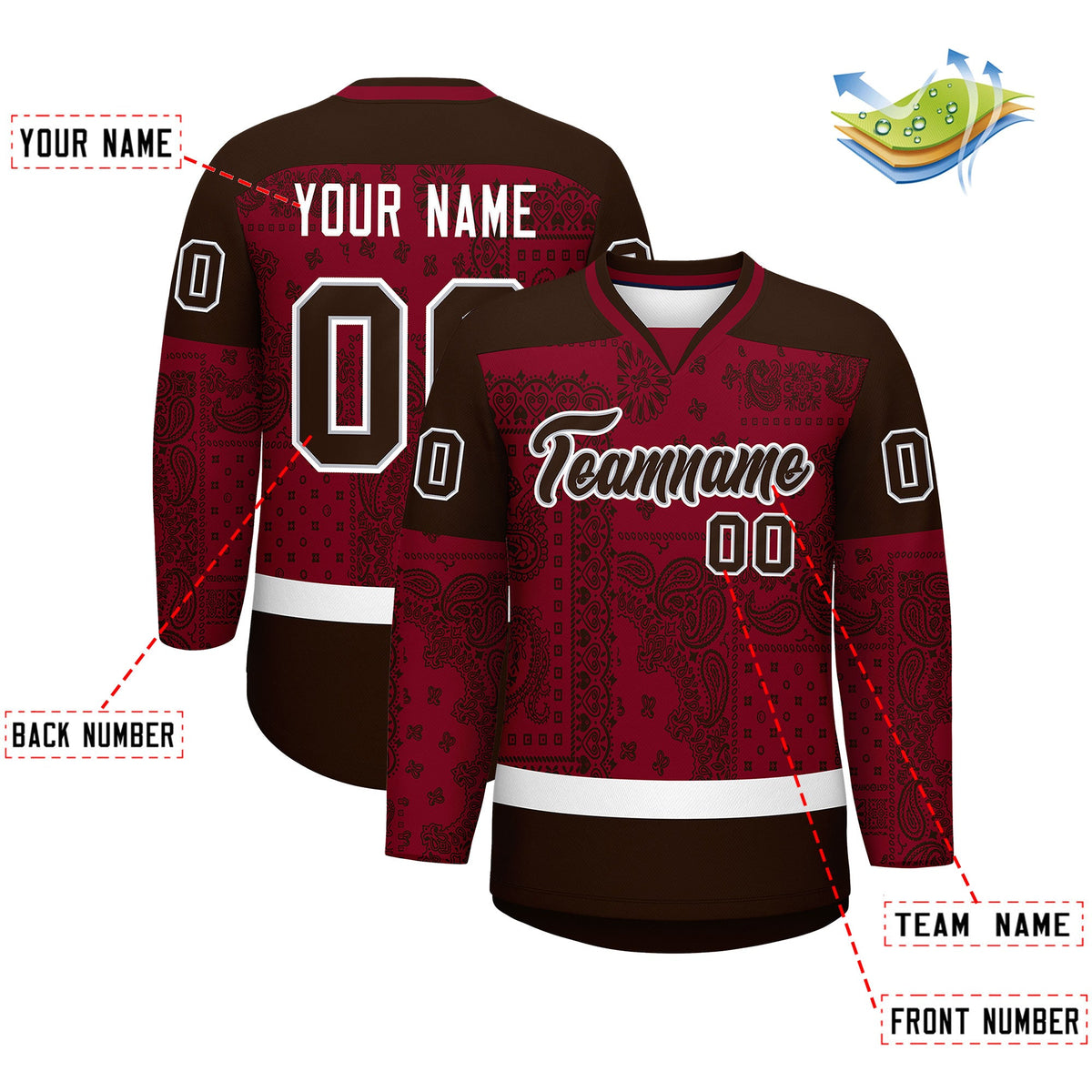 Custom Brown Crimson White Cashew Flower Graffiti Pattern V-Neck Hockey Jersey| KXKSHOP