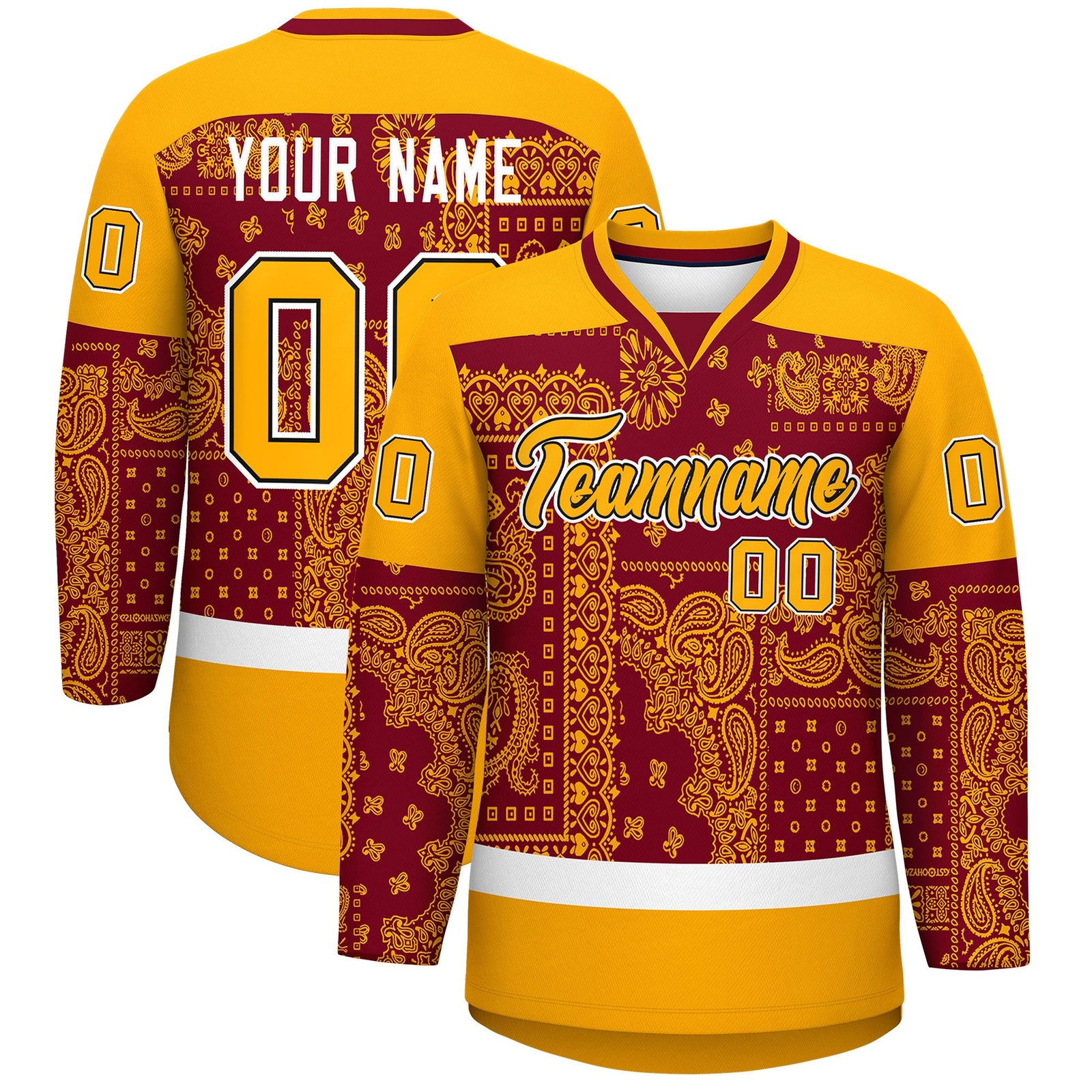 Custom Yellow Crimson White Cashew Flower Graffiti Pattern V-Neck Hockey Jersey| KXKSHOP