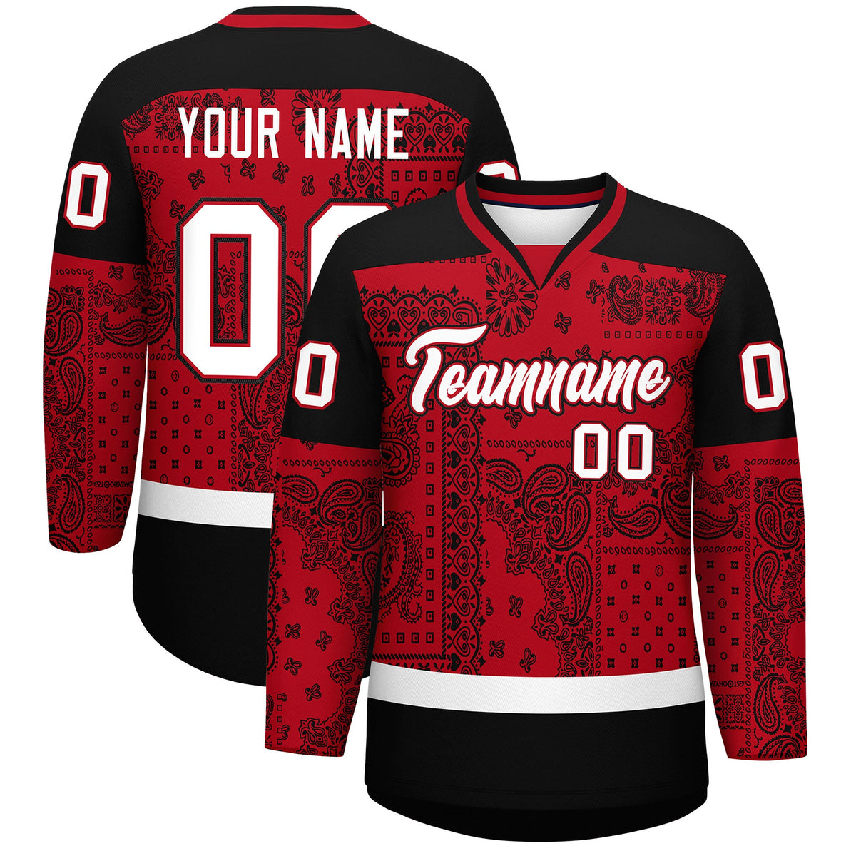 Custom Black Red White Cashew Flower Graffiti Pattern V-Neck Hockey Jersey| KXKSHOP