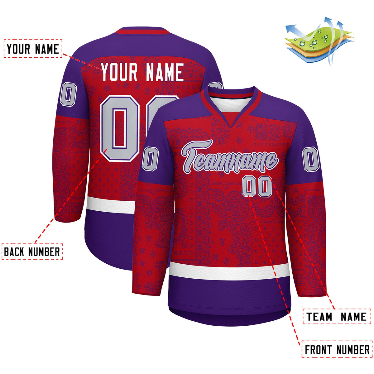 Custom Purple Red White Cashew Flower Graffiti Pattern V-Neck Hockey Jersey| KXKSHOP