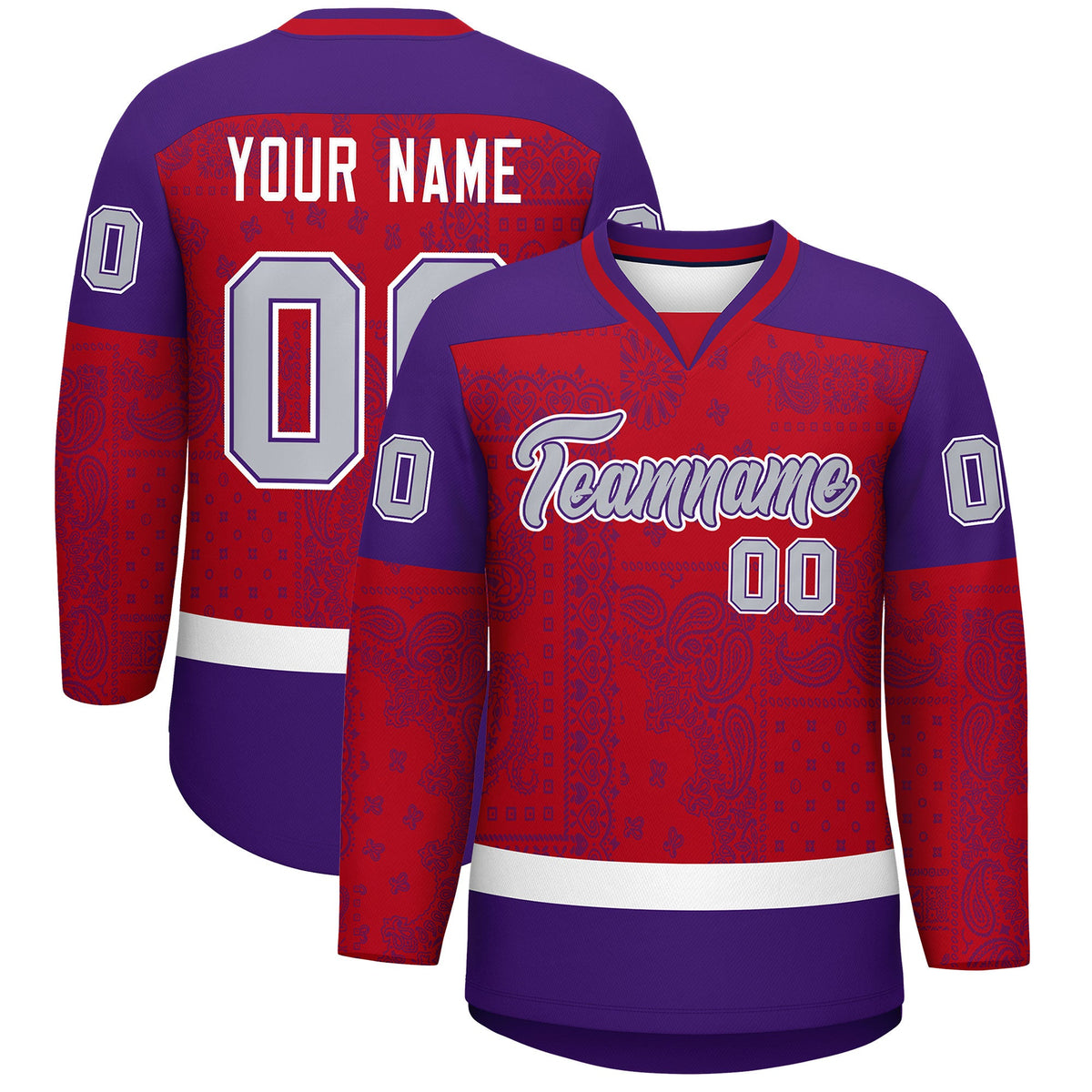 Custom Purple Red White Cashew Flower Graffiti Pattern V-Neck Hockey Jersey| KXKSHOP