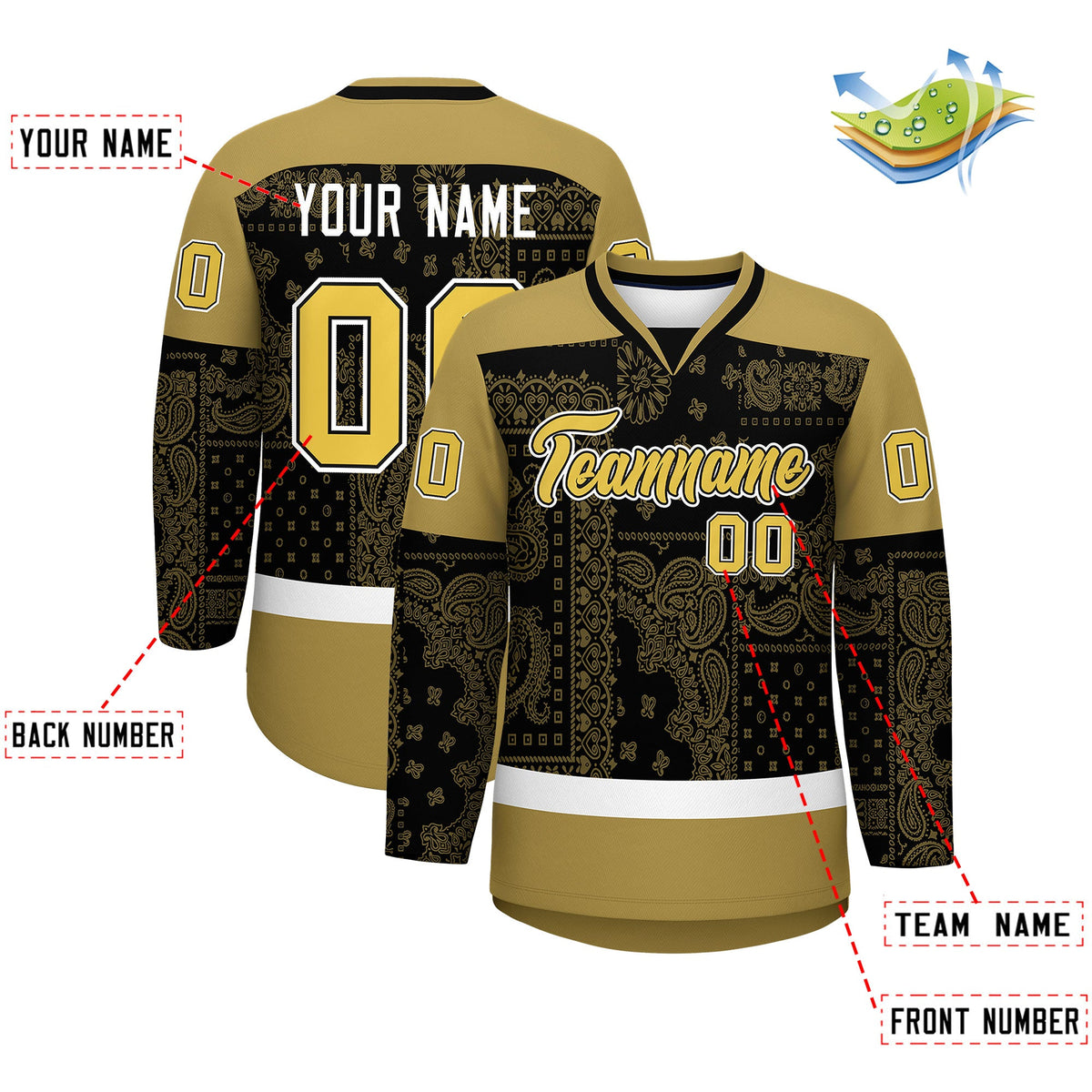 Custom Old Gold Black White Cashew Flower Graffiti Pattern V-Neck Hockey Jersey| KXKSHOP