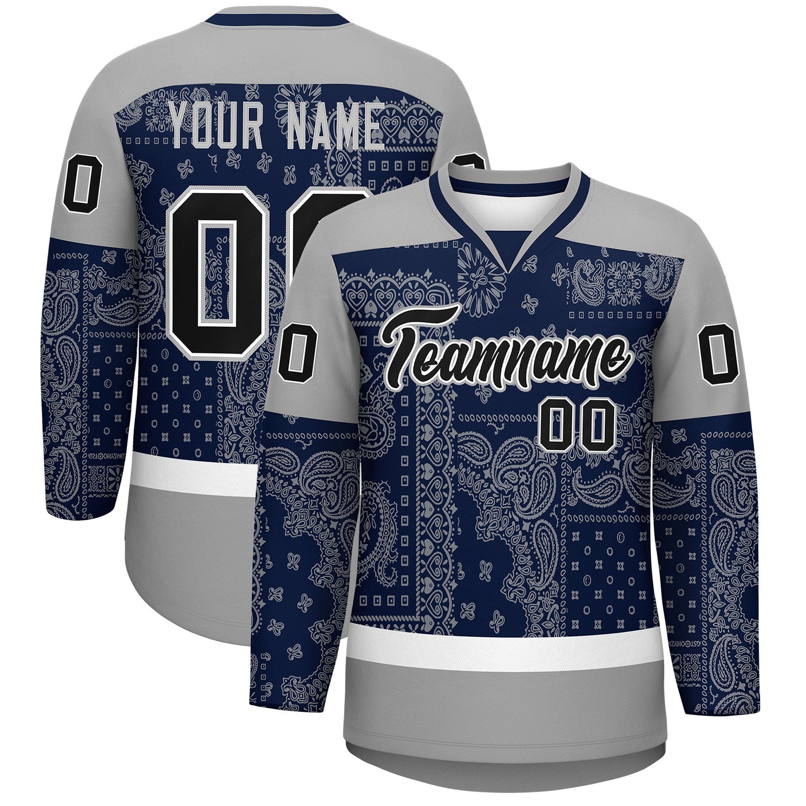 Custom Gray Navy White Cashew Flower Graffiti Pattern V-Neck Hockey Jersey| KXKSHOP