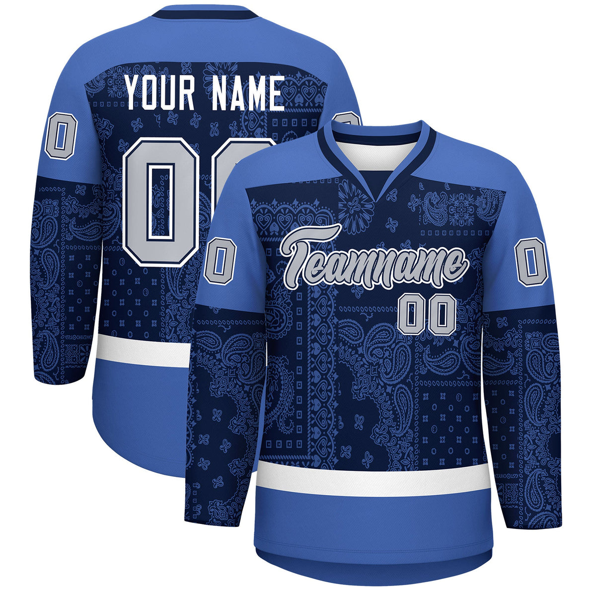 Custom Blue Navy White Cashew Flower Graffiti Pattern V-Neck Hockey Jersey| KXKSHOP
