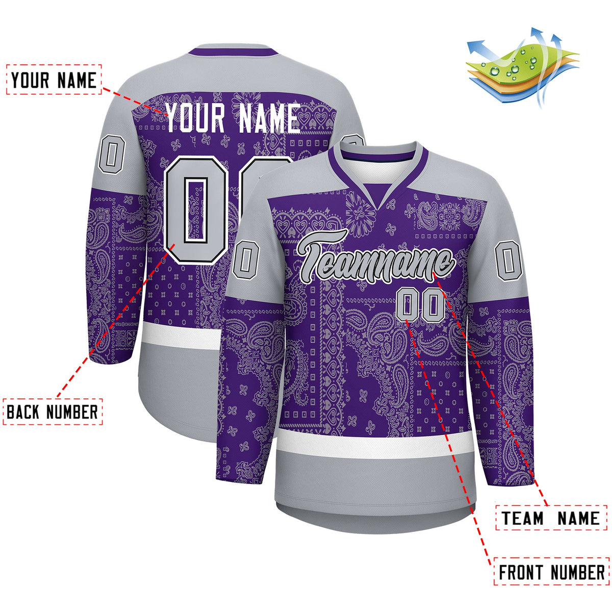 Custom Gray Purple White Cashew Flower Graffiti Pattern V-Neck Hockey Jersey| KXKSHOP
