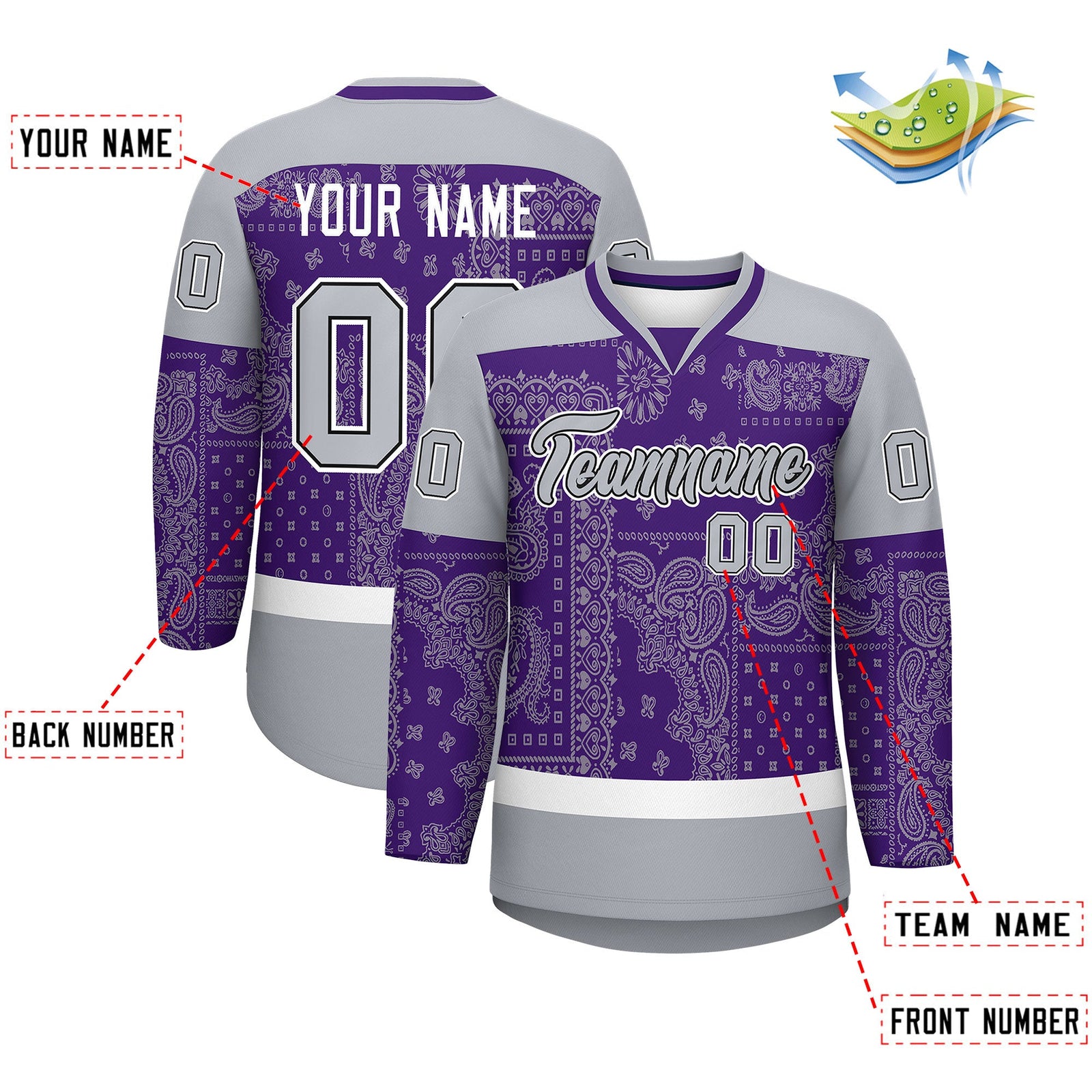Custom Gray Purple White Cashew Flower Graffiti Pattern V-Neck Hockey Jersey| KXKSHOP