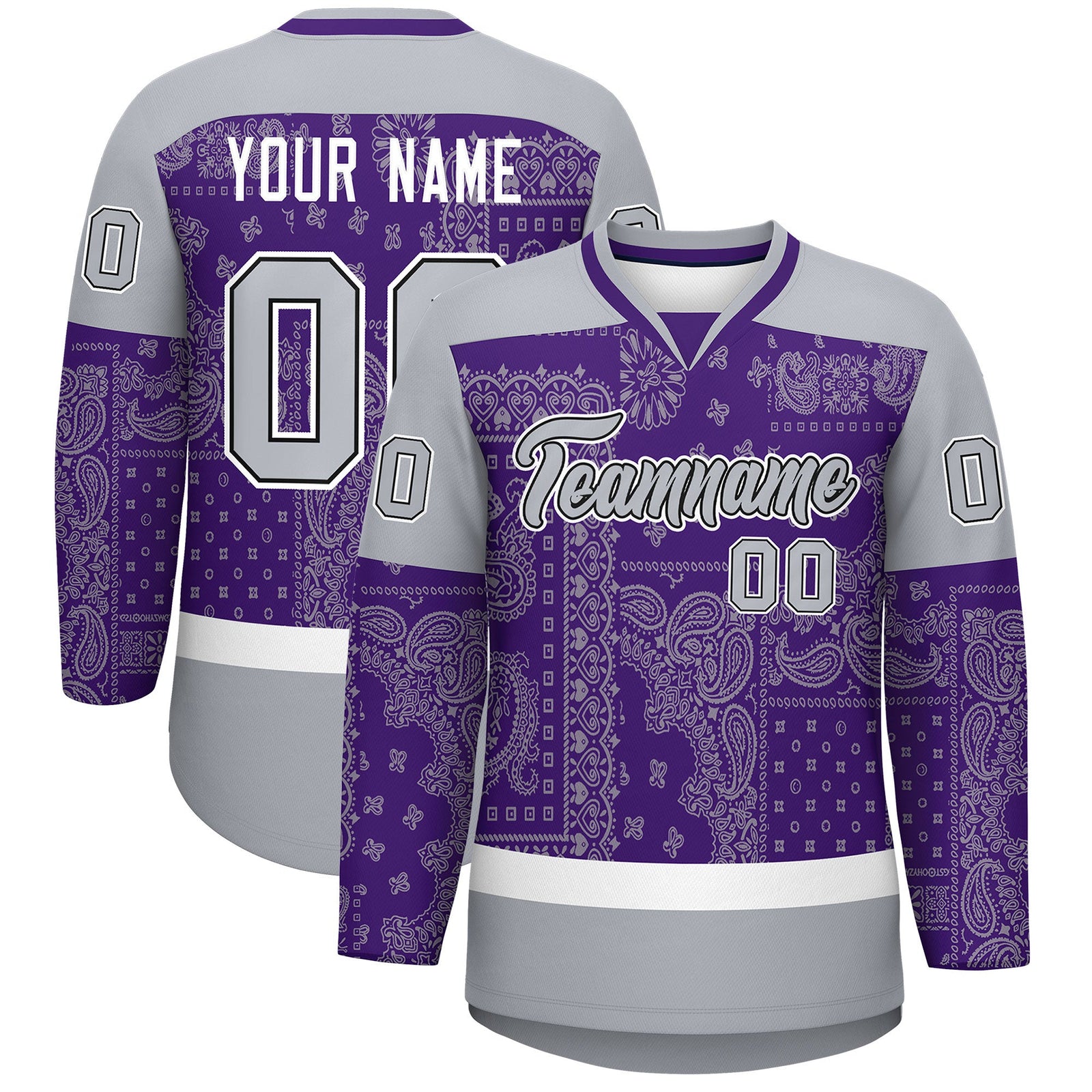 Custom Gray Purple White Cashew Flower Graffiti Pattern V-Neck Hockey Jersey| KXKSHOP