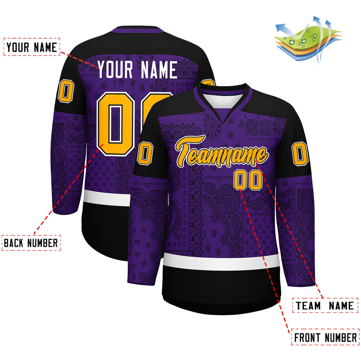 Custom Black Purple White Cashew Flower Graffiti Pattern V-Neck Hockey Jersey| KXKSHOP