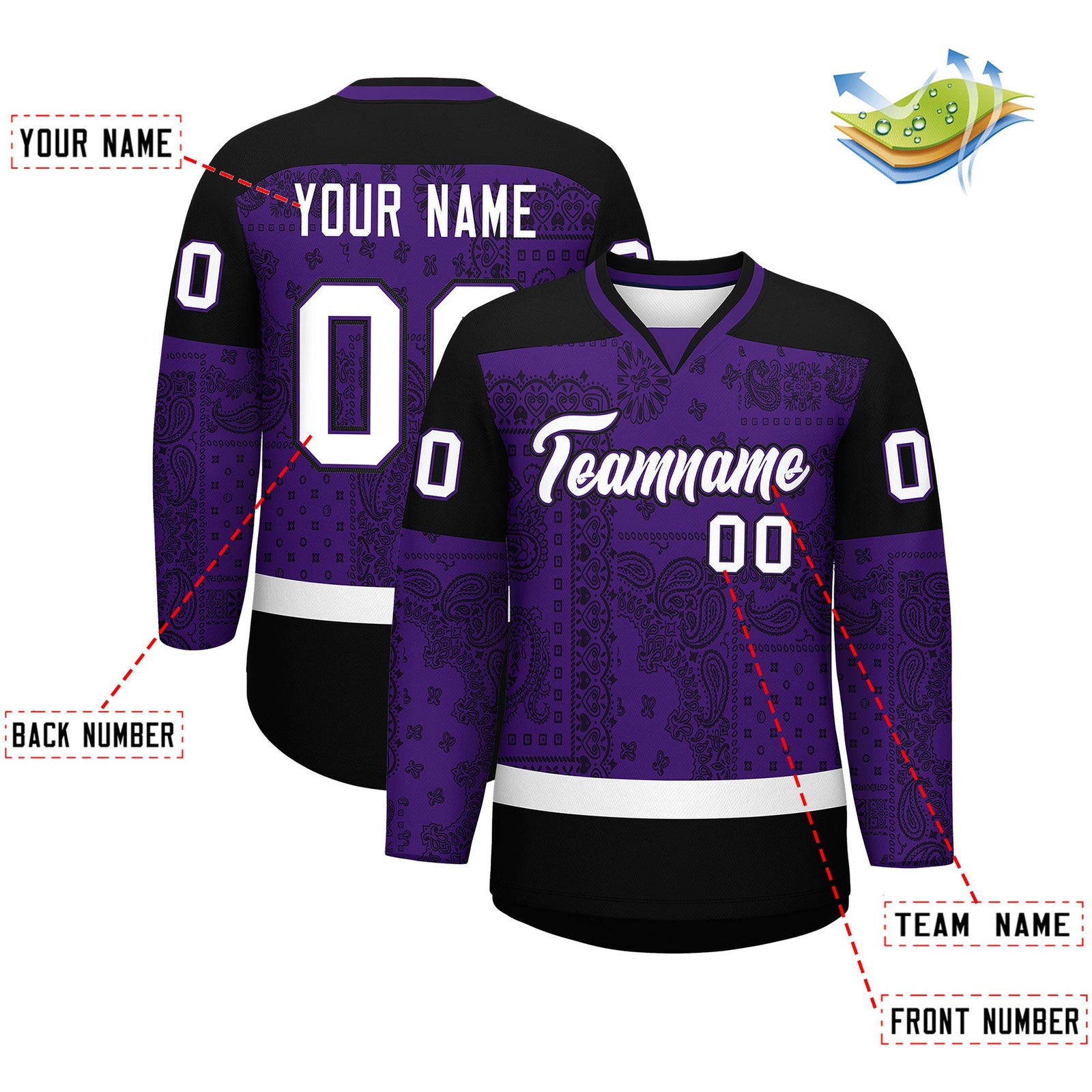 Custom Black White Purple Cashew Flower Graffiti Pattern V-Neck Hockey Jersey| KXKSHOP
