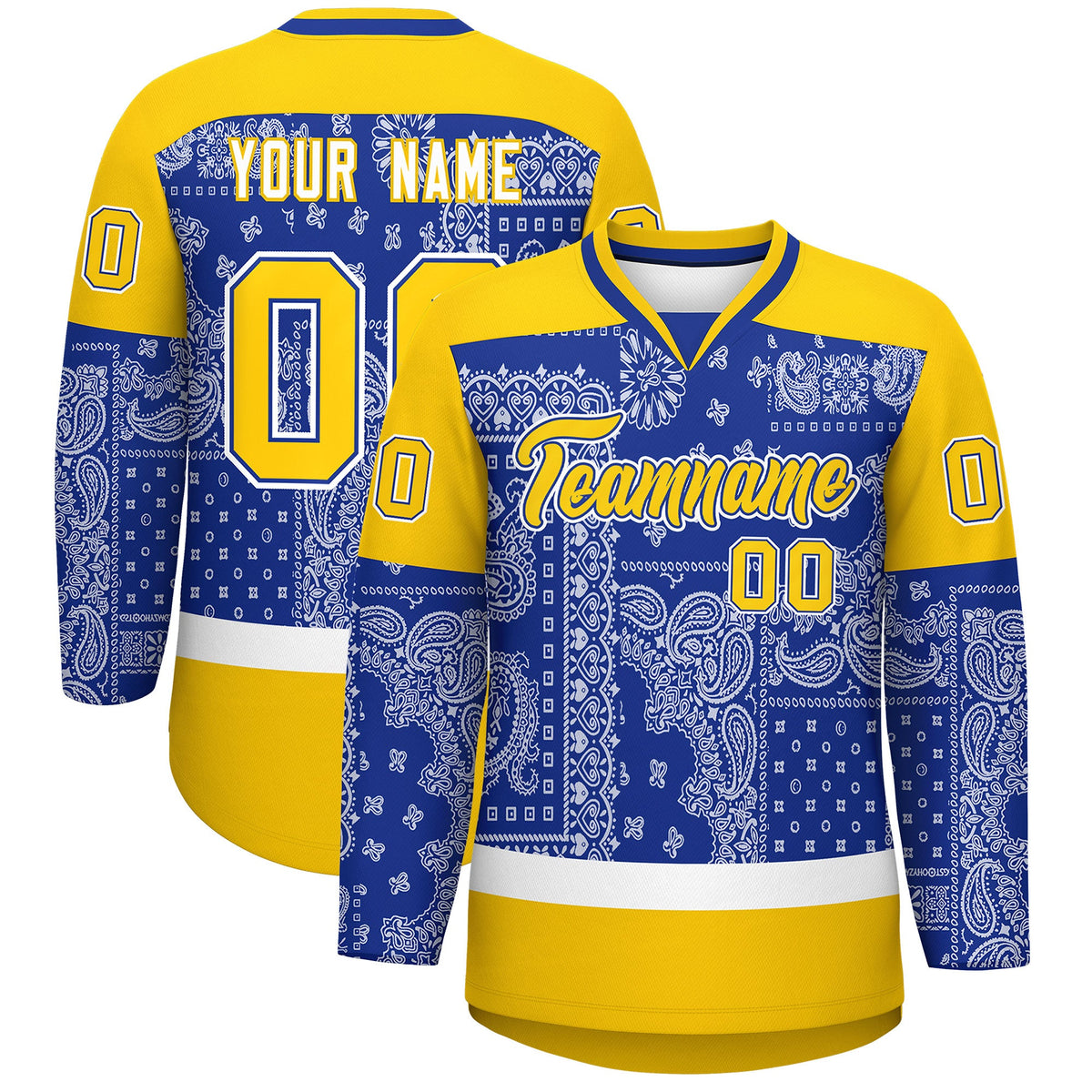 Custom Gold Royal White Cashew Flower Graffiti Pattern V-Neck Hockey Jersey| KXKSHOP
