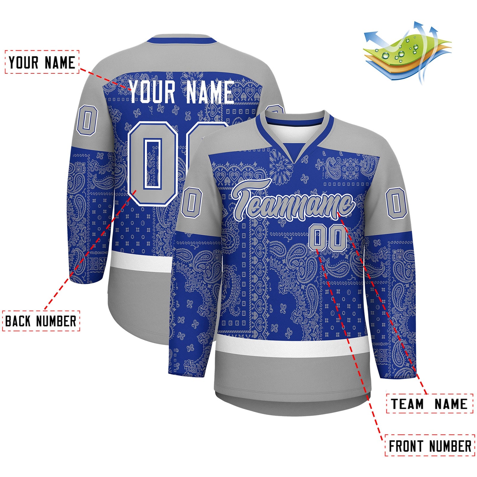 Custom Gray Royal White Cashew Flower Graffiti Pattern V-Neck Hockey Jersey| KXKSHOP