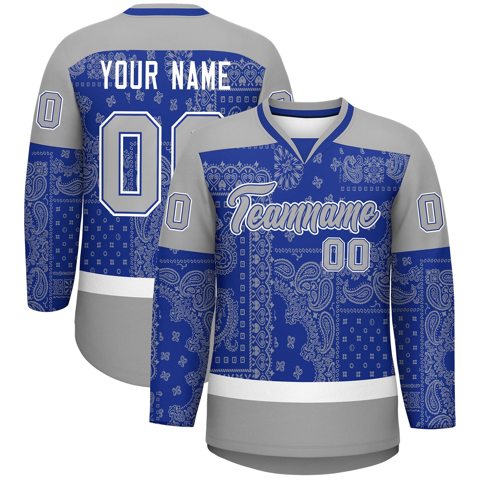 Custom Gray Royal White Cashew Flower Graffiti Pattern V-Neck Hockey Jersey| KXKSHOP