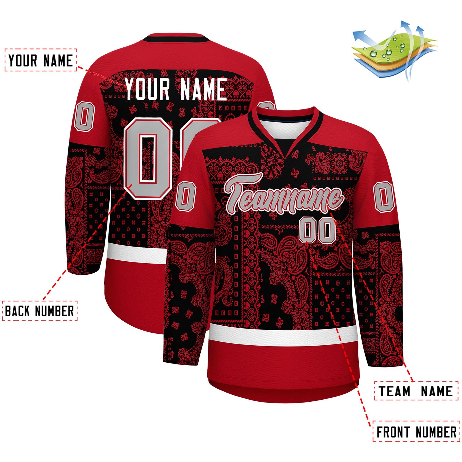 Custom Red Black White Cashew Flower Graffiti Pattern V-Neck Hockey Jersey| KXKSHOP