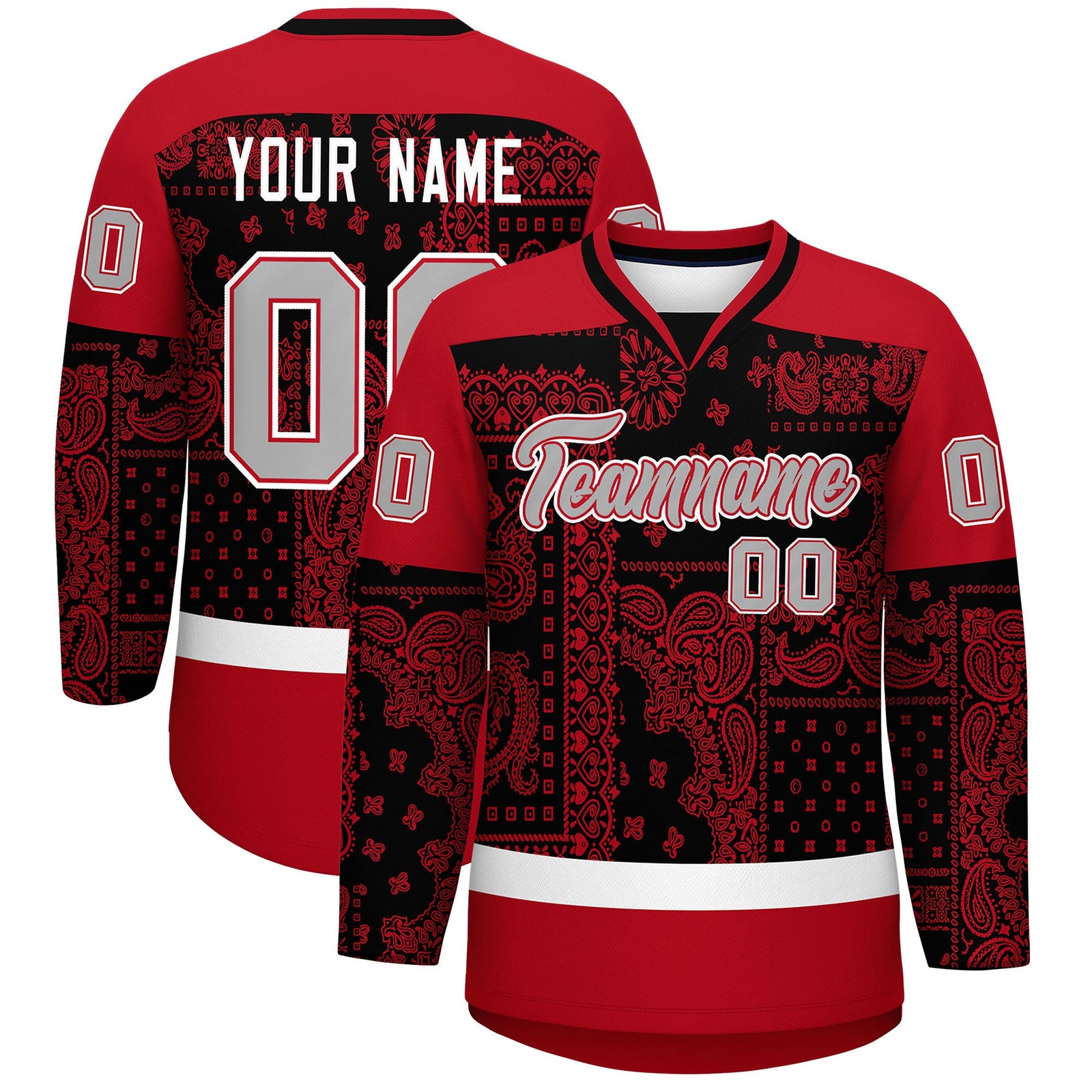Custom Red Black White Cashew Flower Graffiti Pattern V-Neck Hockey Jersey| KXKSHOP