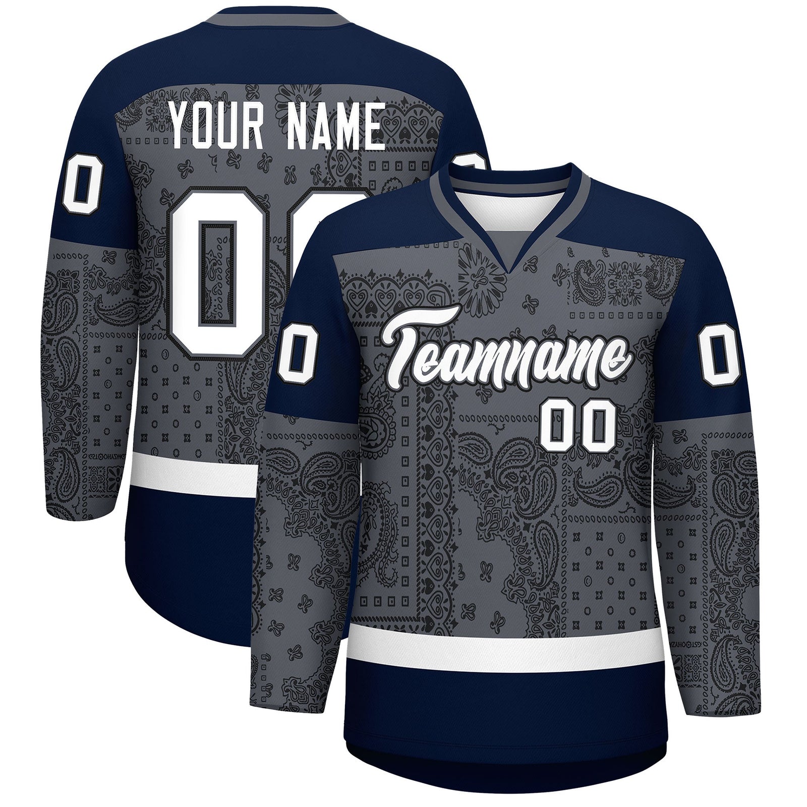 Custom Black Dark Gray White Cashew Flower Graffiti Pattern V-Neck Hockey Jersey| KXKSHOP