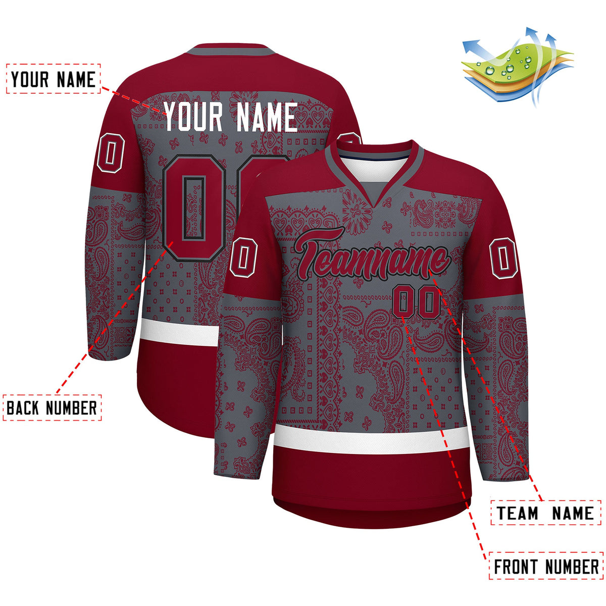 Custom Red Dark Gray White Cashew Flower Graffiti Pattern V-Neck Hockey Jersey| KXKSHOP