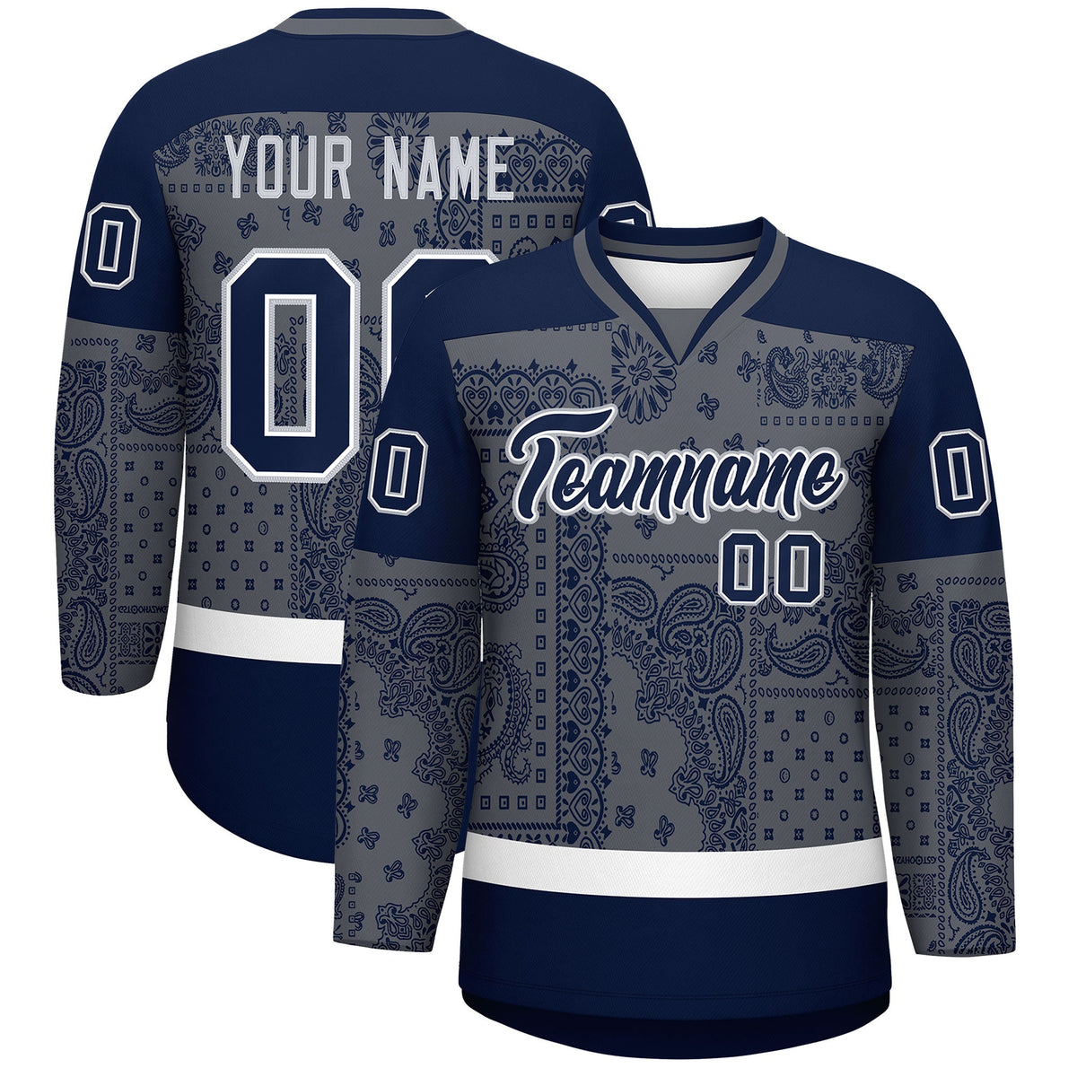 Custom Navy Dark Gray White Cashew Flower Graffiti Pattern V-Neck Hockey Jersey| KXKSHOP