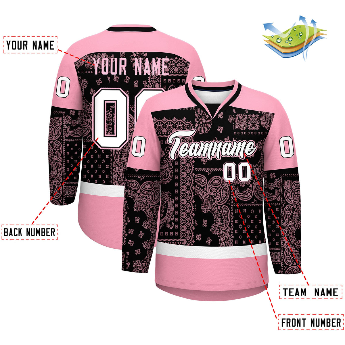Custom Light Pink Black White Cashew Flower Graffiti Pattern V-Neck Hockey Jersey| KXKSHOP