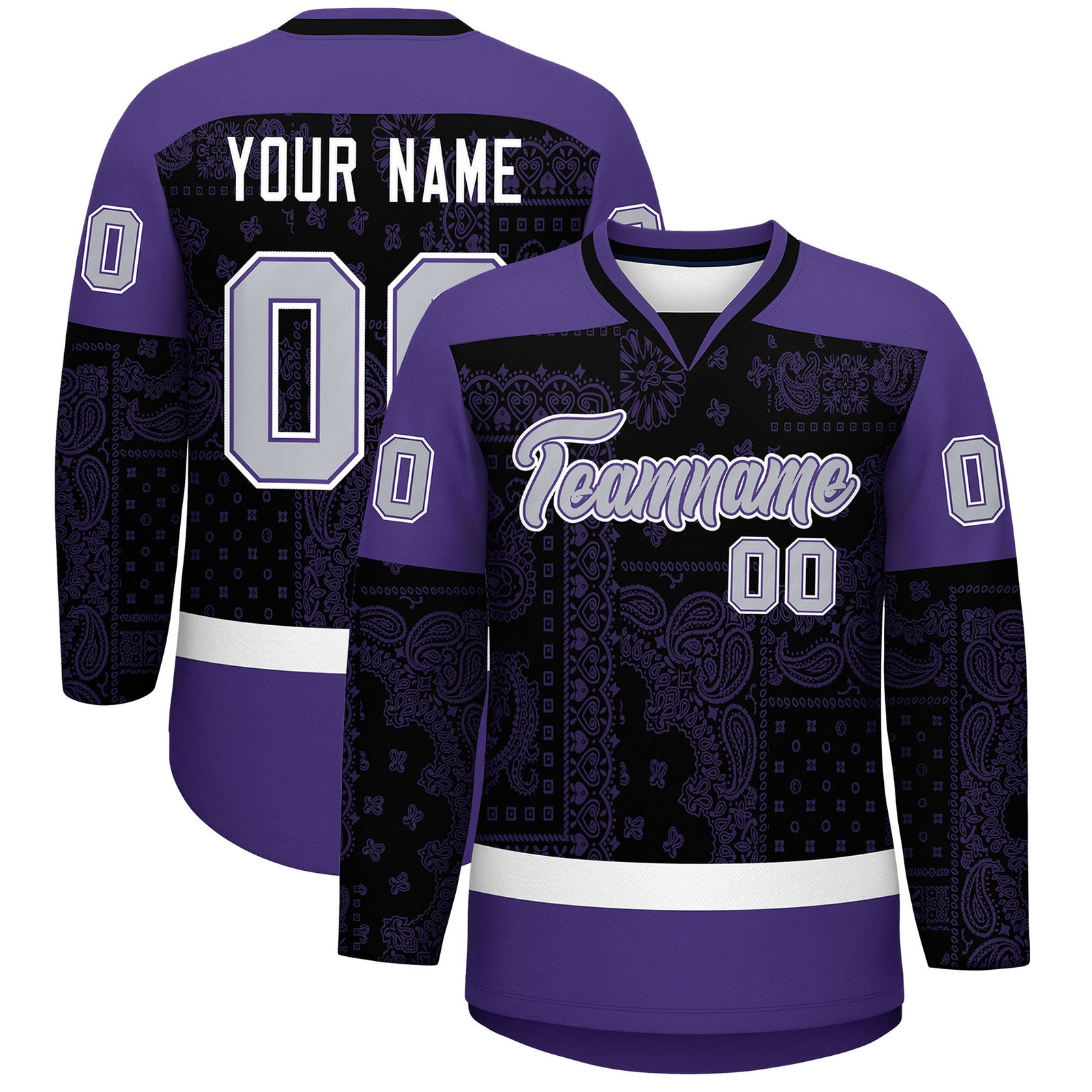 Custom Purple Black White Cashew Flower Graffiti Pattern V-Neck Hockey Jersey| KXKSHOP
