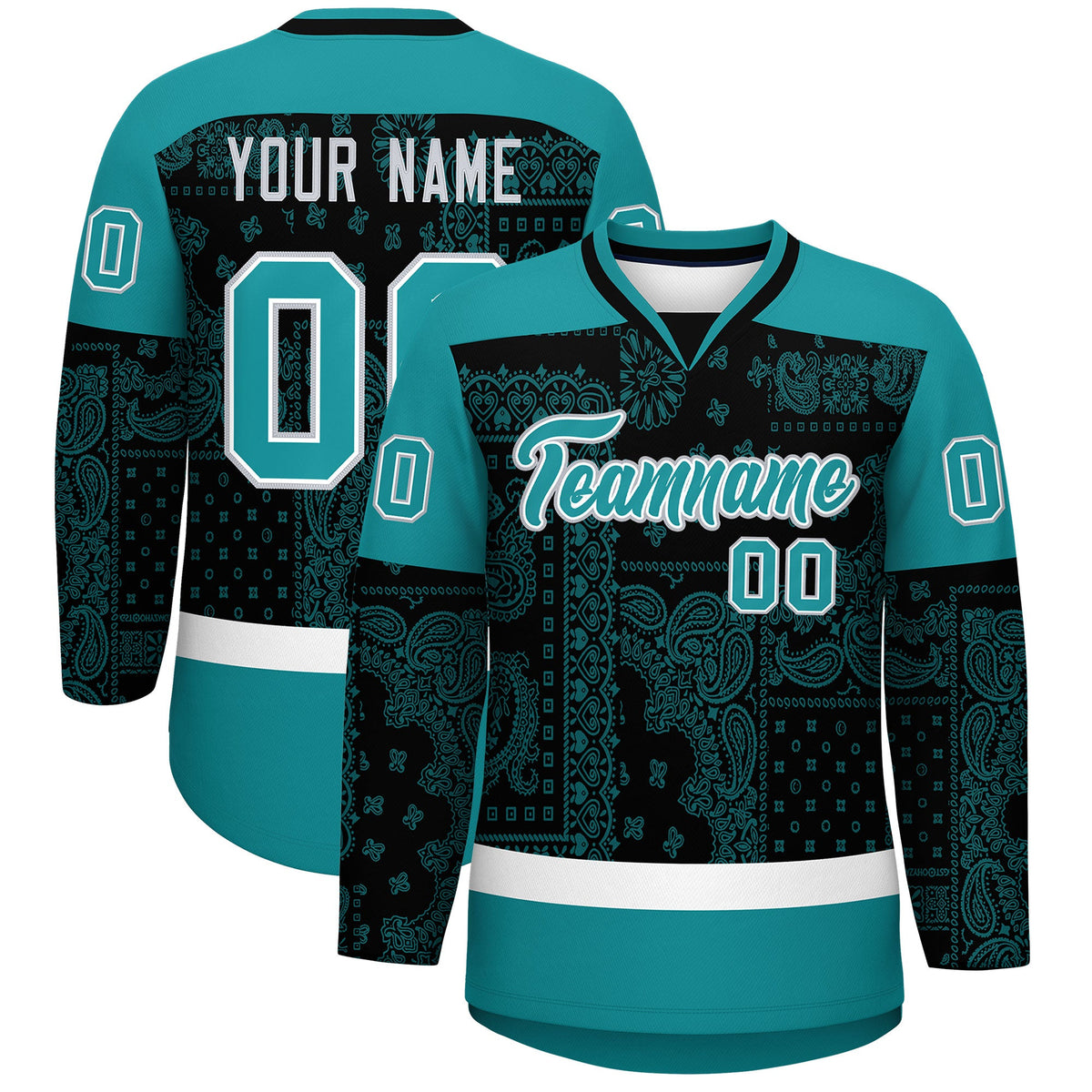 Custom Aqua Black White Cashew Flower Graffiti Pattern V-Neck Hockey Jersey| KXKSHOP