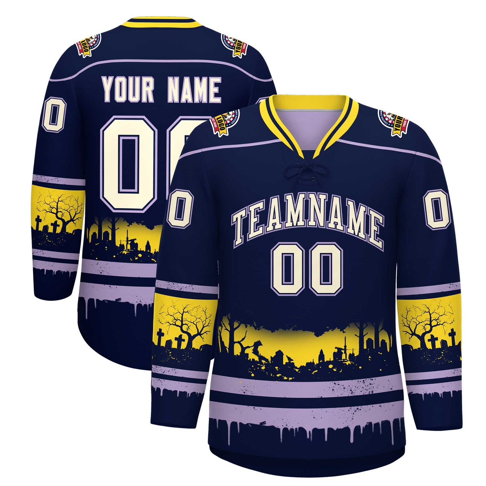 Custom Navy Light Purple Gold Gradient Fashion Halloween Stretch Fabric Hockey Jersey| KXKSHOP