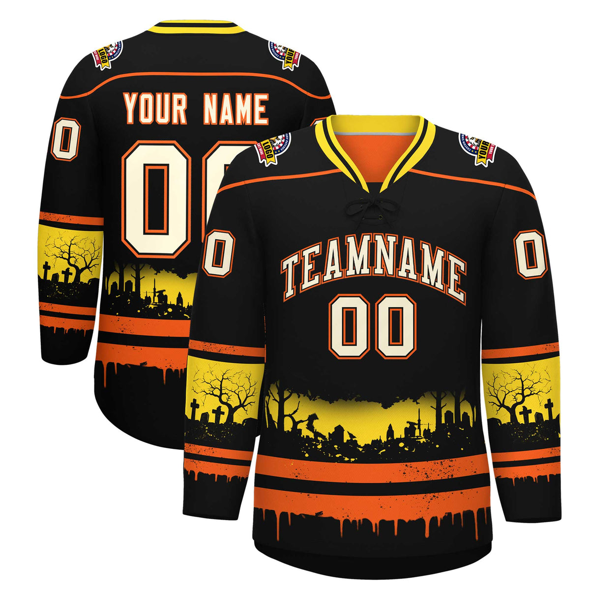 Custom Black Orange Gold Gradient Fashion Halloween Stretch Fabric Hockey Jersey| KXKSHOP