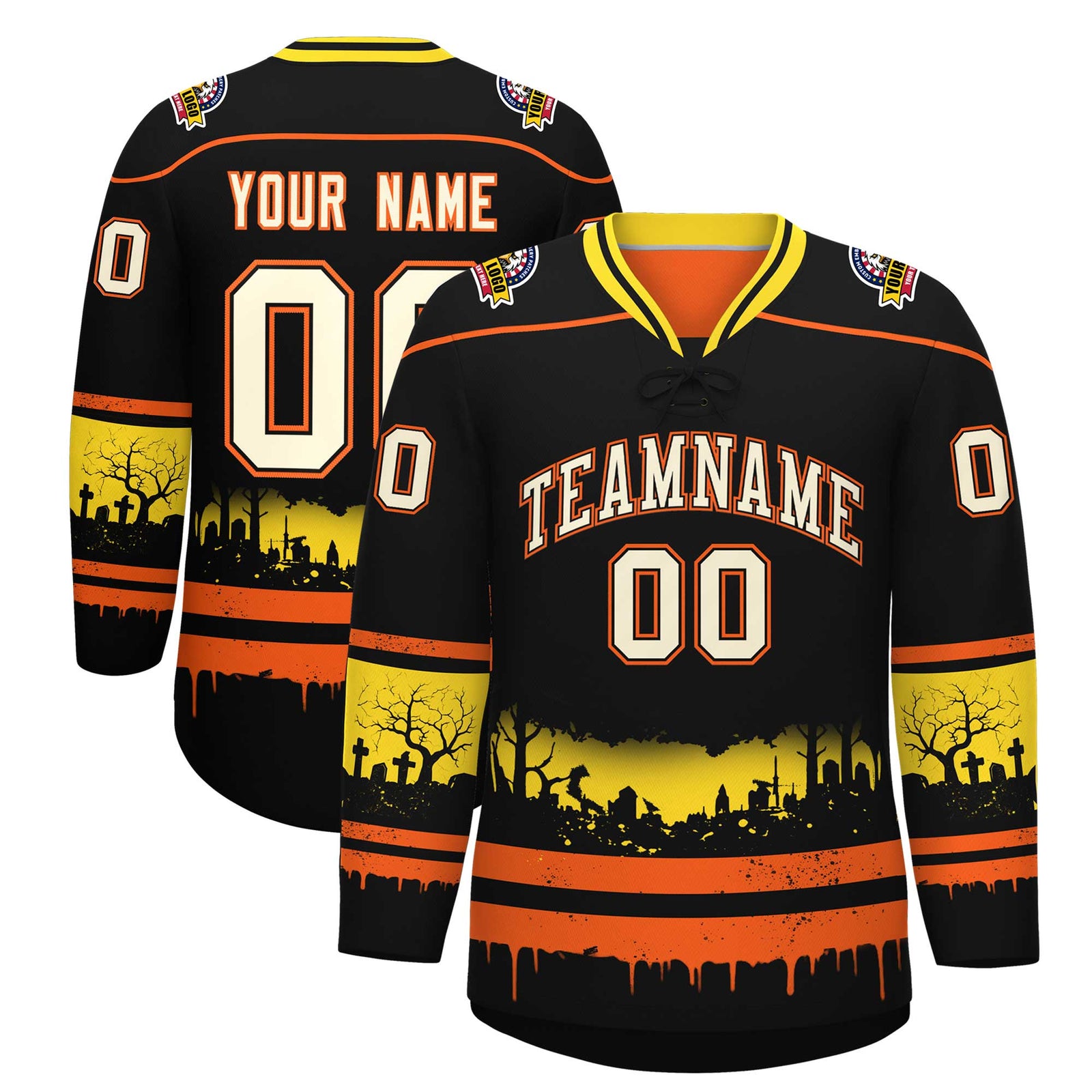 Custom Black Orange Gold Gradient Fashion Halloween Stretch Fabric Hockey Jersey| KXKSHOP