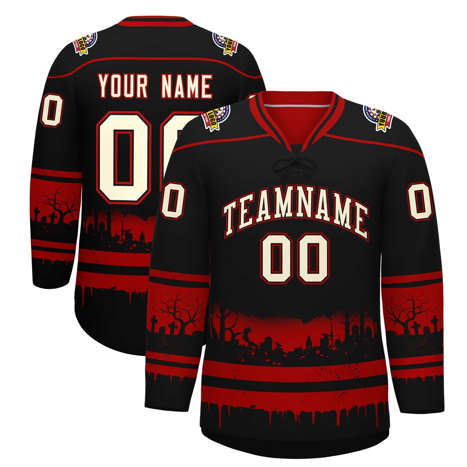 Custom Black Red Cream Gradient Fashion Halloween Stretch Fabric Hockey Jersey| KXKSHOP