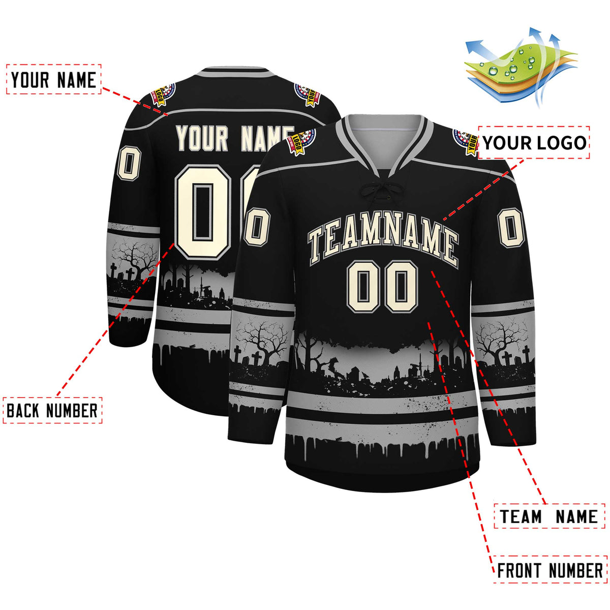Custom Black Gray Cream Gradient Fashion Halloween Stretch Fabric Hockey Jersey| KXKSHOP