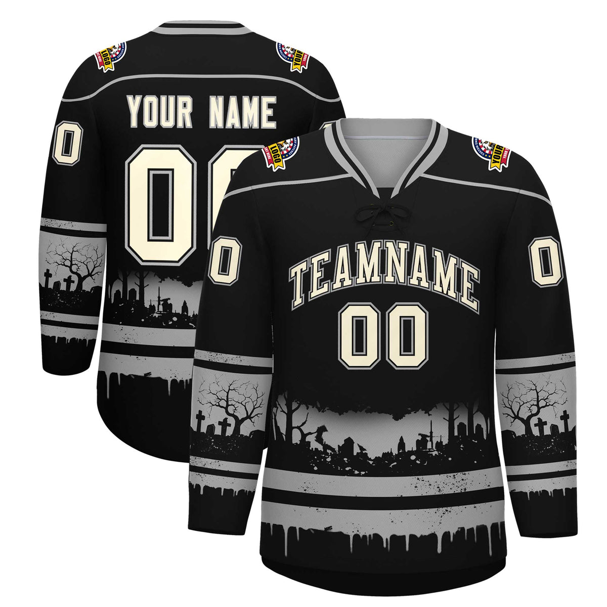 Custom Black Gray Cream Gradient Fashion Halloween Stretch Fabric Hockey Jersey| KXKSHOP