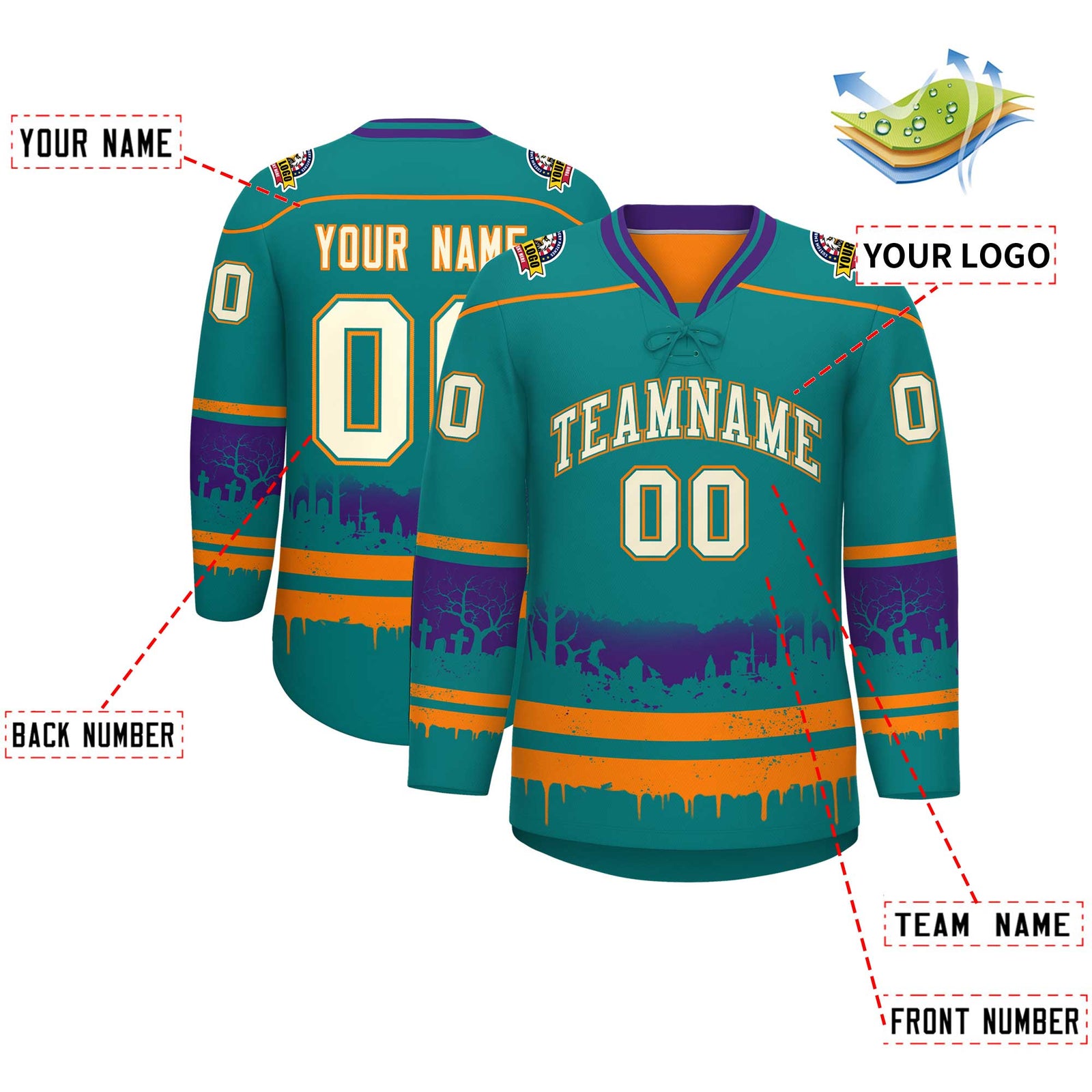 Custom Teal Orange Purple Gradient Fashion Halloween Stretch Fabric Hockey Jersey| KXKSHOP
