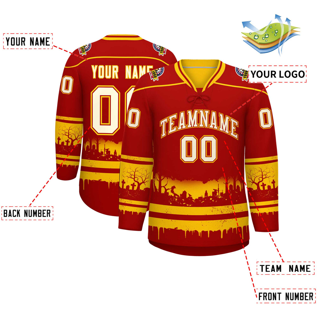 Custom Red Gold Cream Gradient Fashion Halloween Stretch Fabric Hockey Jersey| KXKSHOP
