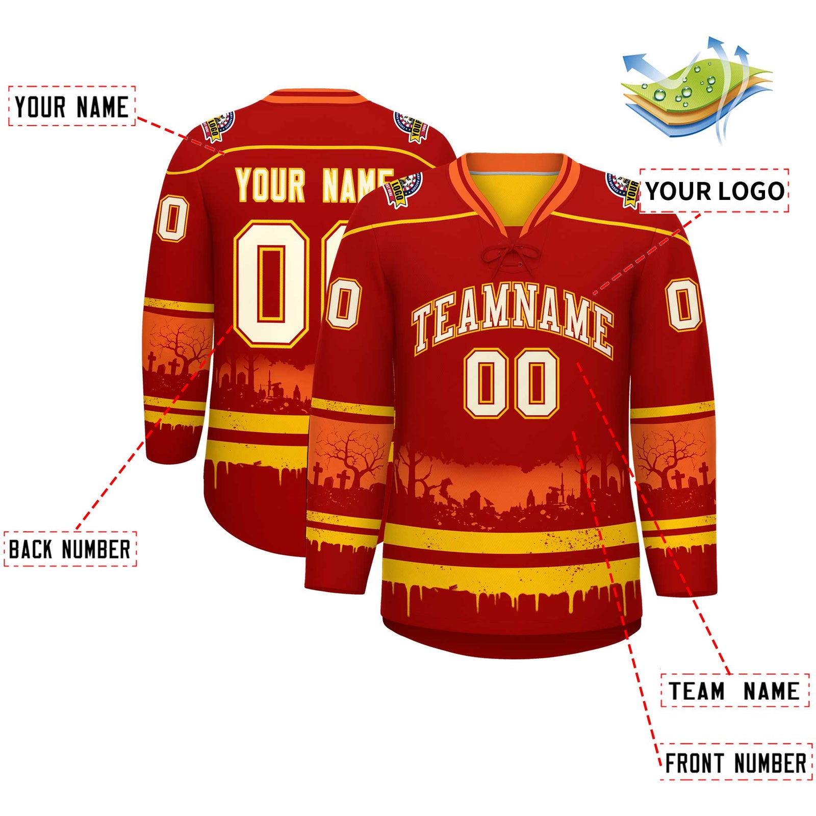 Custom Red Gold Orange Gradient Fashion Halloween Stretch Fabric Hockey Jersey| KXKSHOP