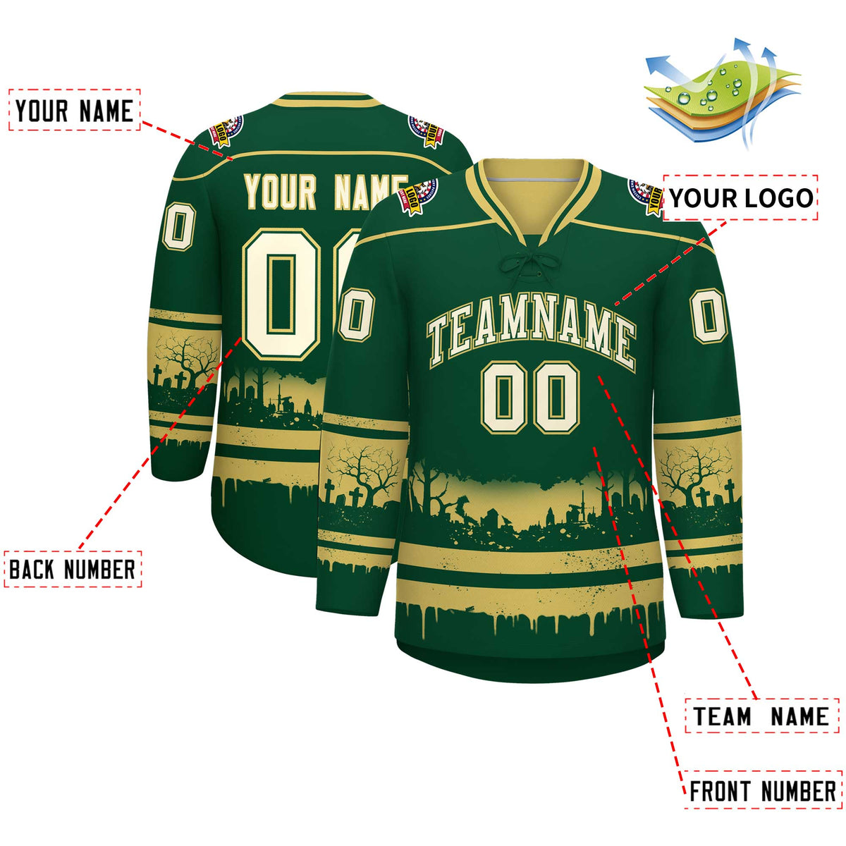 Custom Dark Green Old Gold Cream Gradient Fashion Halloween Stretch Fabric Hockey Jersey| KXKSHOP
