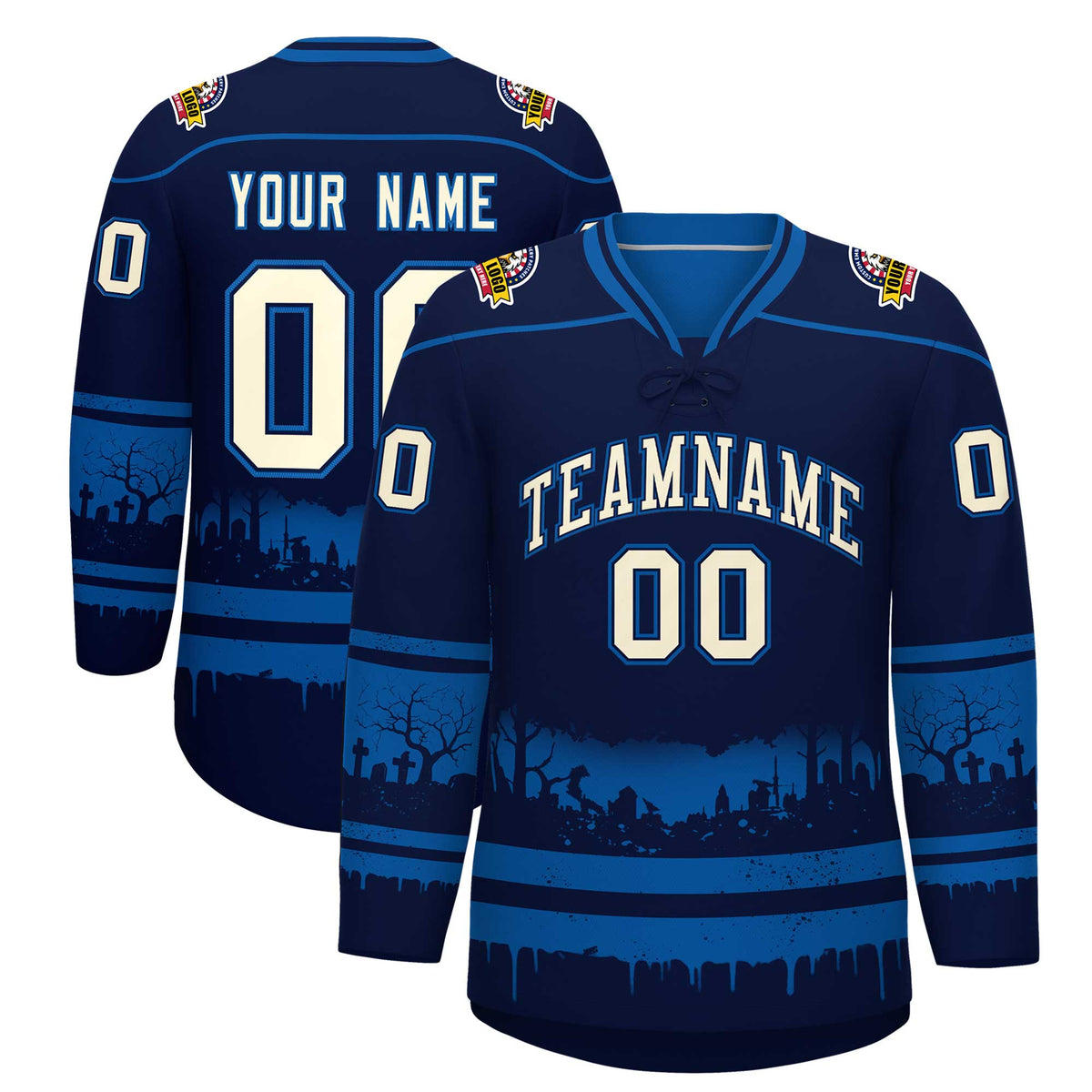 Custom Navy Royal Cream Gradient Fashion Halloween Stretch Fabric Hockey Jersey| KXKSHOP