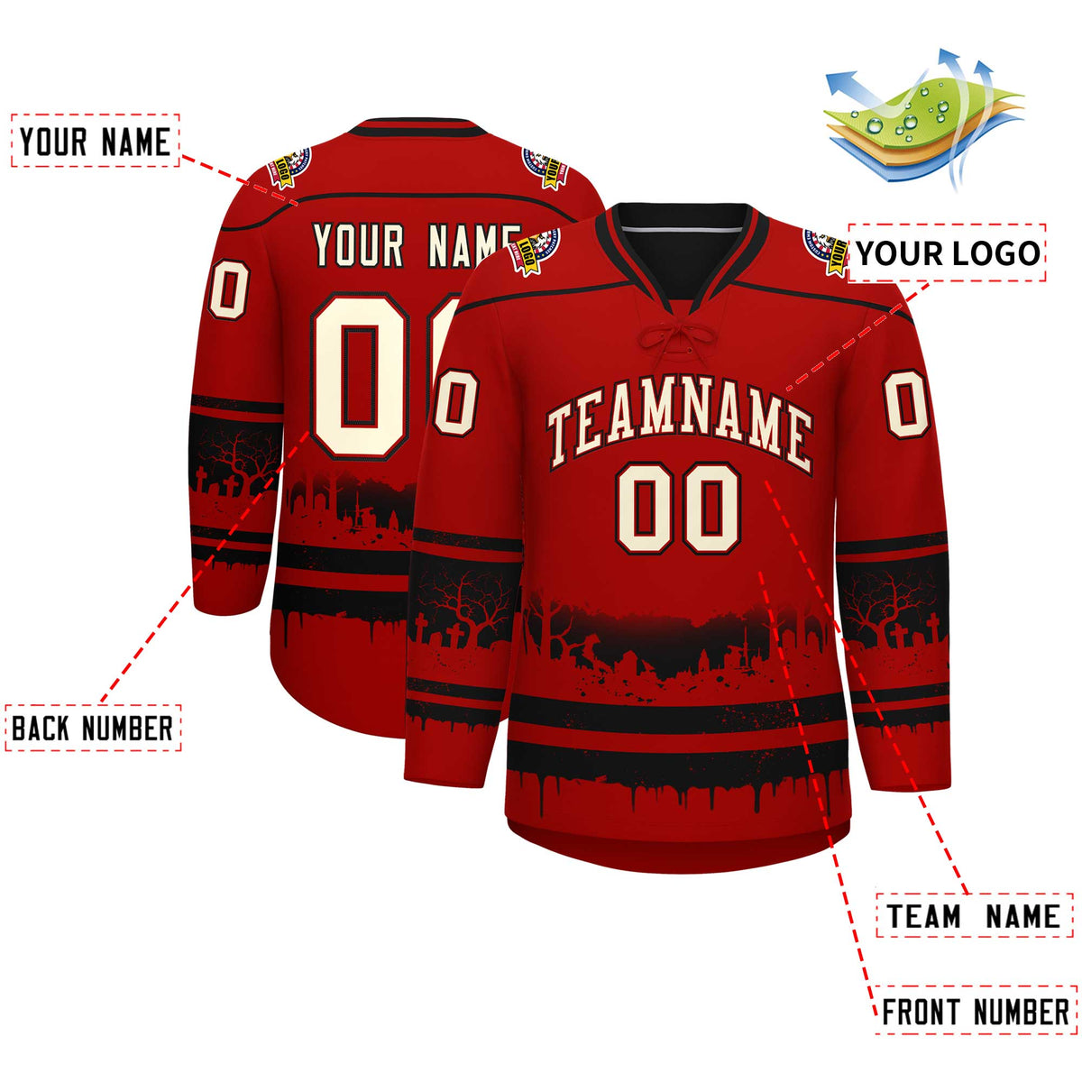 Custom Red Black Cream Gradient Fashion Halloween Stretch Fabric Hockey Jersey| KXKSHOP