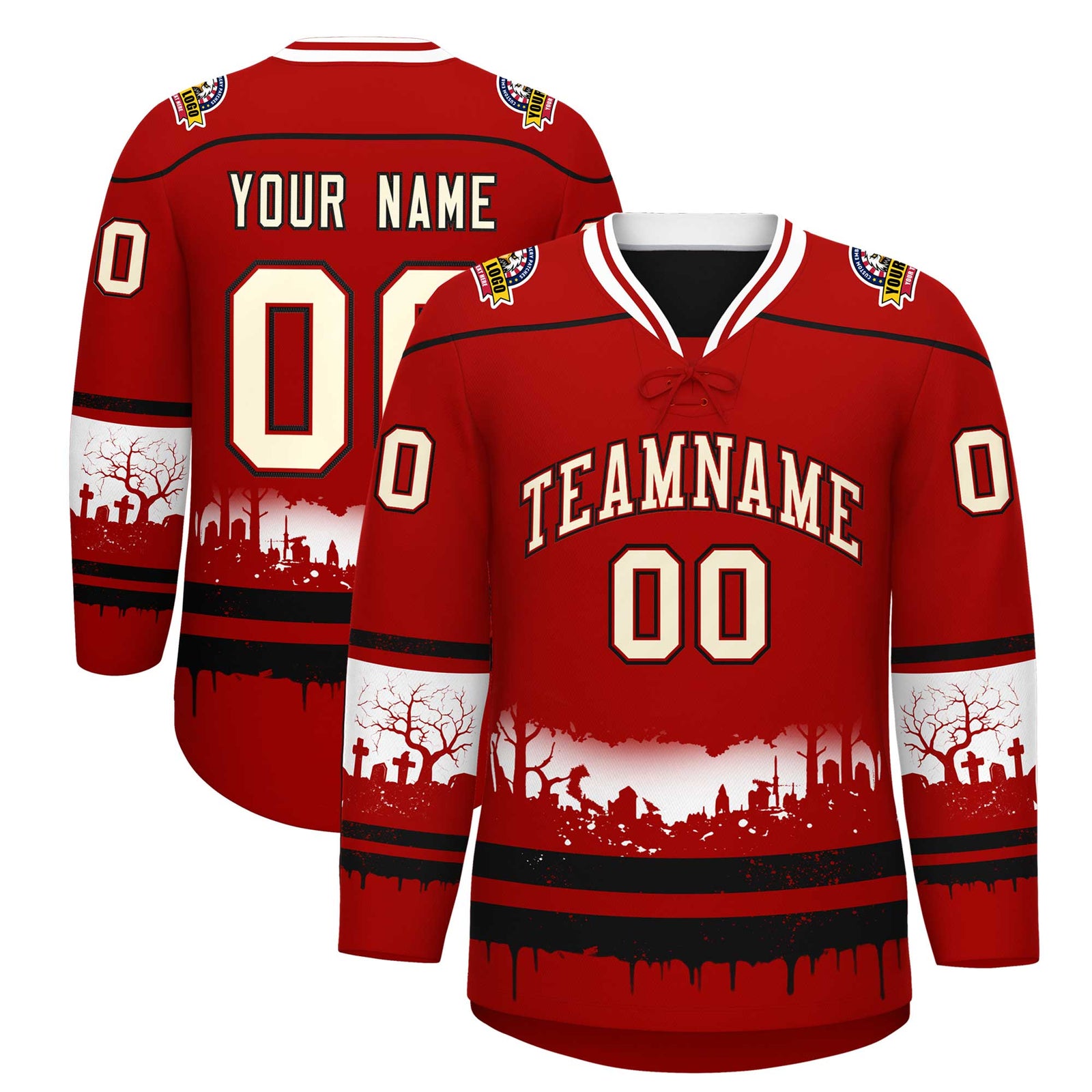 Custom Red Black White Gradient Fashion Halloween Stretch Fabric Hockey Jersey| KXKSHOP