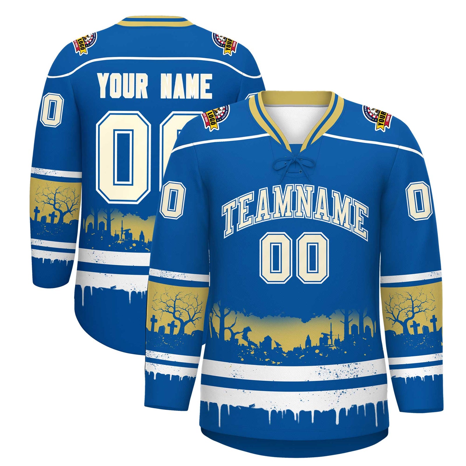 Custom Royal White Old Gold Gradient Fashion Halloween Stretch Fabric Hockey Jersey| KXKSHOP